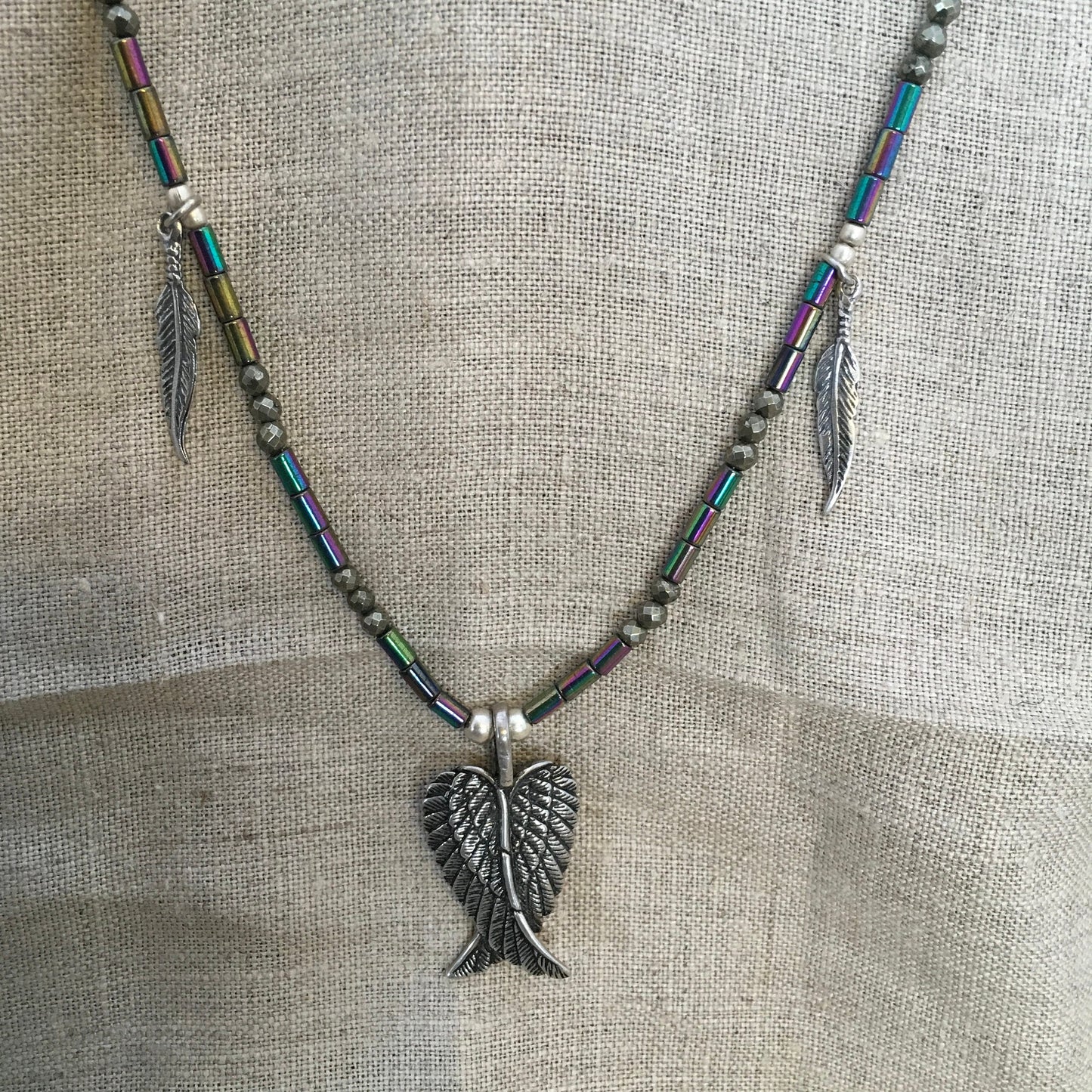 necklace "Archangel" Sterling Wings, SS Feathers, Hematite, Pyrite, Angels, Reiki charged, Angel jewelry, Gift idea, Gender neutral jewelry