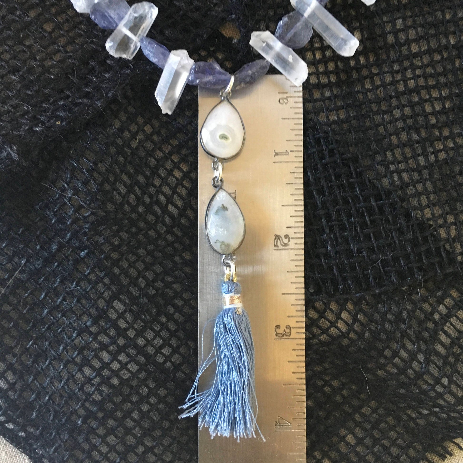 Necklace "Storm Clouds" Solar Quartz & Tassel pendant, Raw Iolite, Quartz Points, Tassel jewelry, Gender Neutral Gift Idea, Statement piece