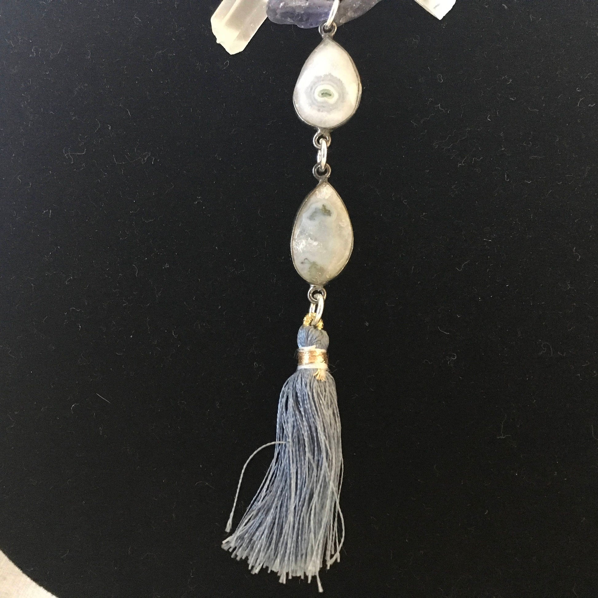 Necklace "Storm Clouds" Solar Quartz & Tassel pendant, Raw Iolite, Quartz Points, Tassel jewelry, Gender Neutral Gift Idea, Statement piece