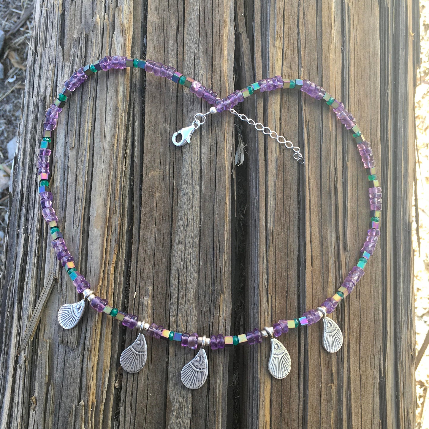 Peacock necklace "Watchful Beauty" Fine Silver Peacock feathers, Amethyst, Green Agate, Rainbow Hematite, Hera, Juno, Hill Tribe Silver