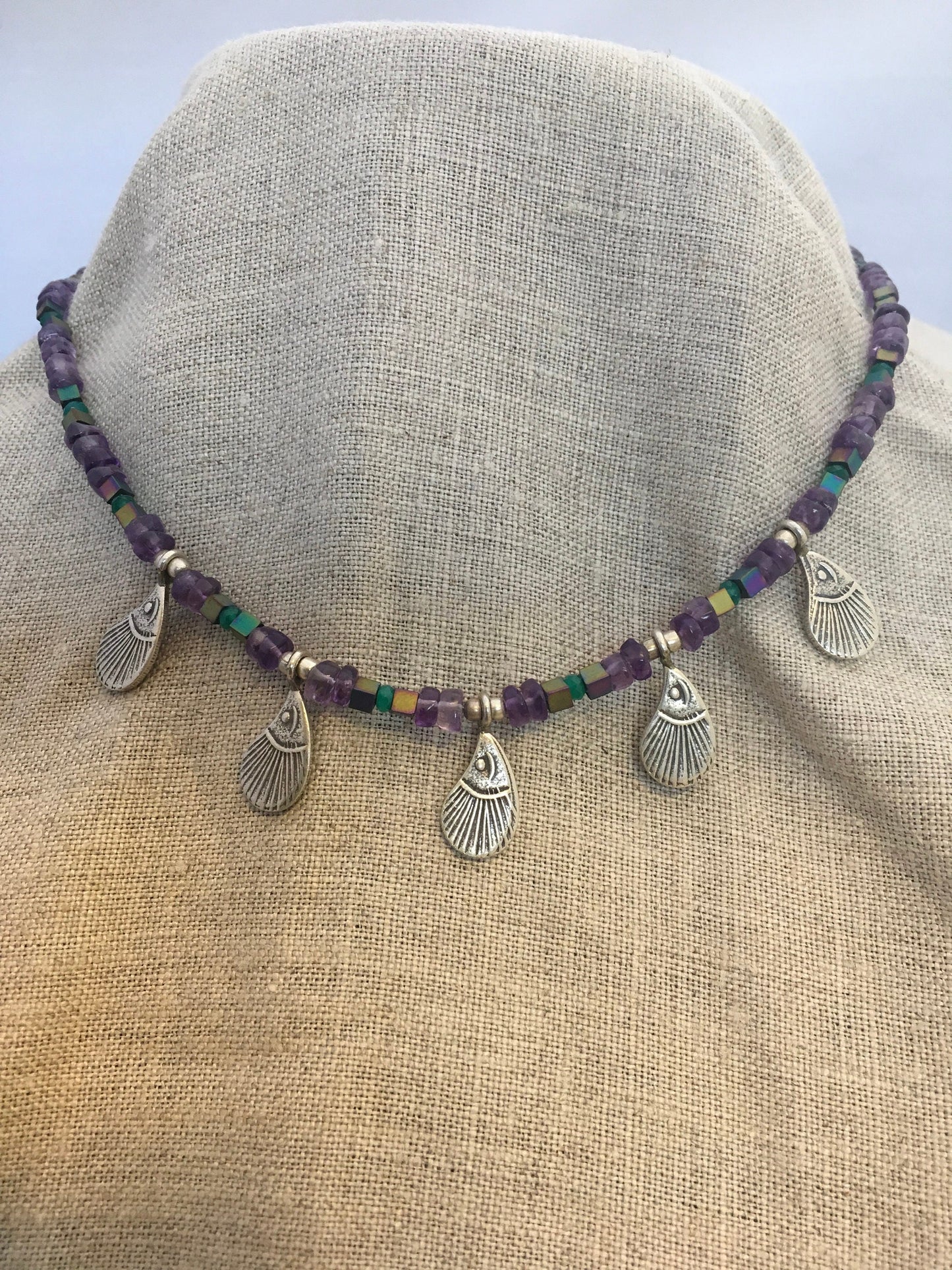 Peacock necklace "Watchful Beauty" Fine Silver Peacock feathers, Amethyst, Green Agate, Rainbow Hematite, Hera, Juno, Hill Tribe Silver