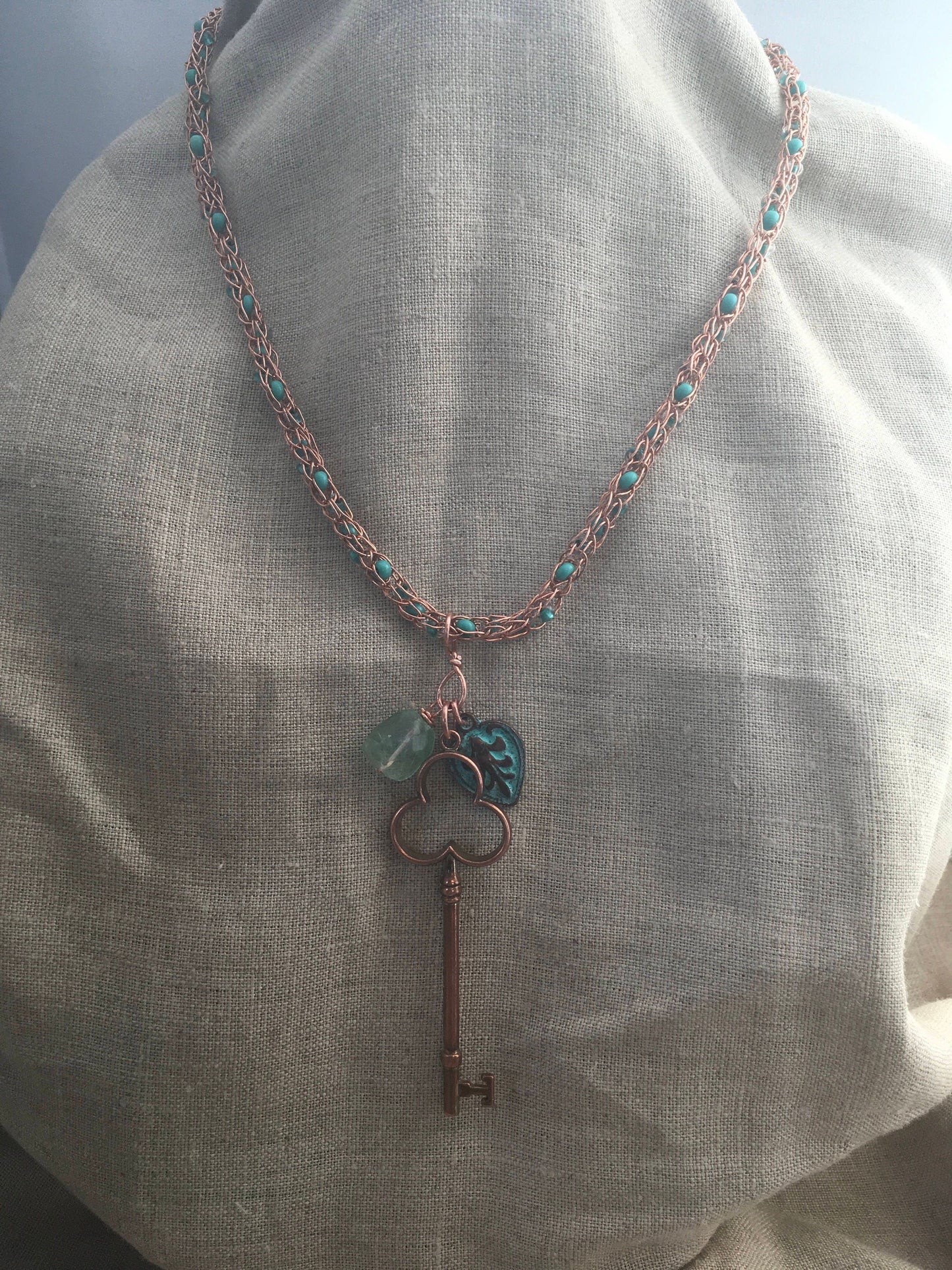 viking knit necklace "Key to Higher Self" handmade Copper chain with beads, Copper Key, Copper Charm, Fluorite, Reiki charged, Gift idea