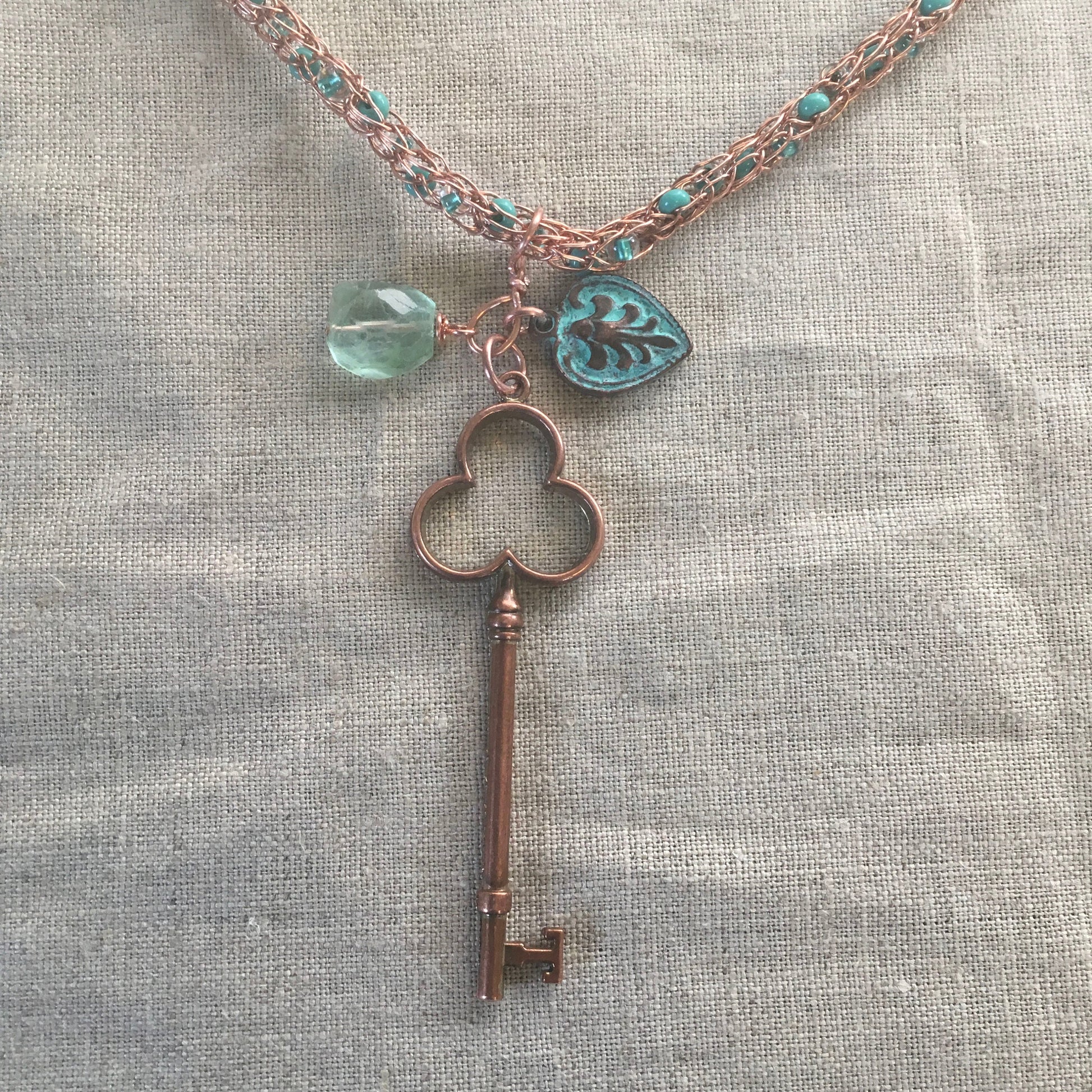 viking knit necklace "Key to Higher Self" handmade Copper chain with beads, Copper Key, Copper Charm, Fluorite, Reiki charged, Gift idea