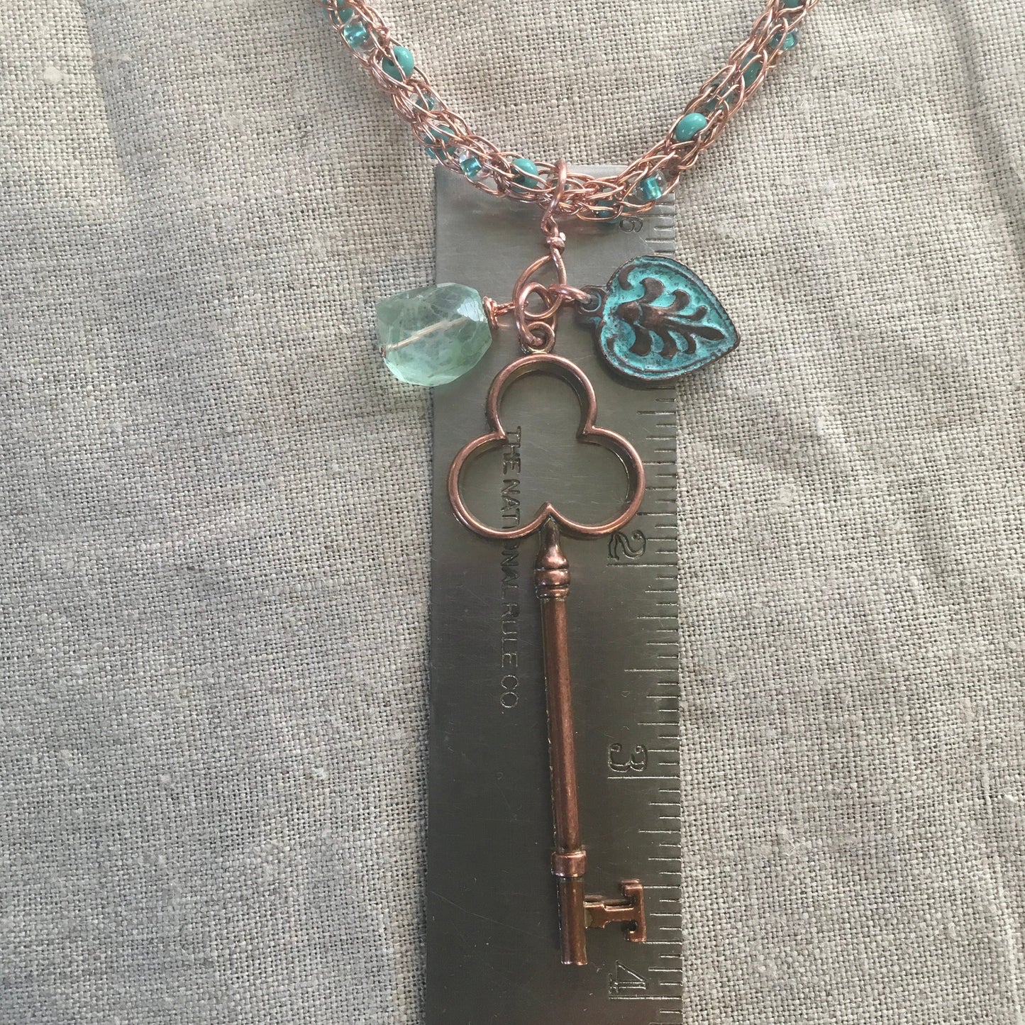 viking knit necklace "Key to Higher Self" handmade Copper chain with beads, Copper Key, Copper Charm, Fluorite, Reiki charged, Gift idea