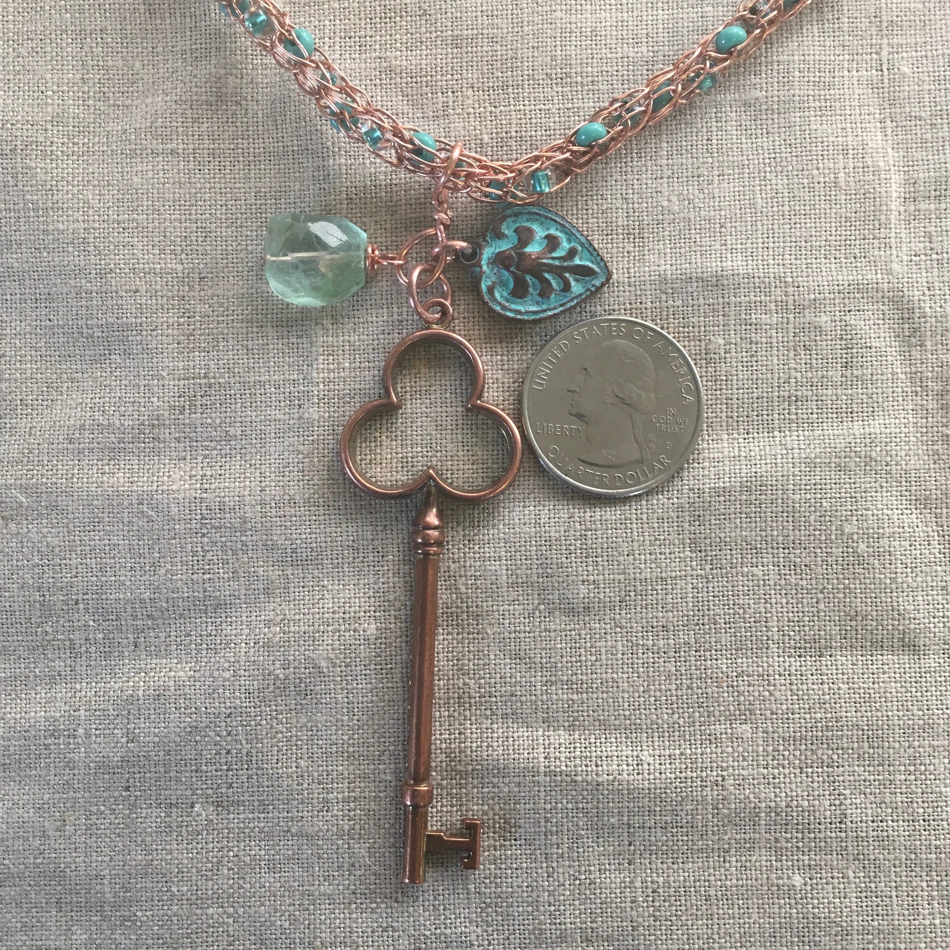 viking knit necklace "Key to Higher Self" handmade Copper chain with beads, Copper Key, Copper Charm, Fluorite, Reiki charged, Gift idea