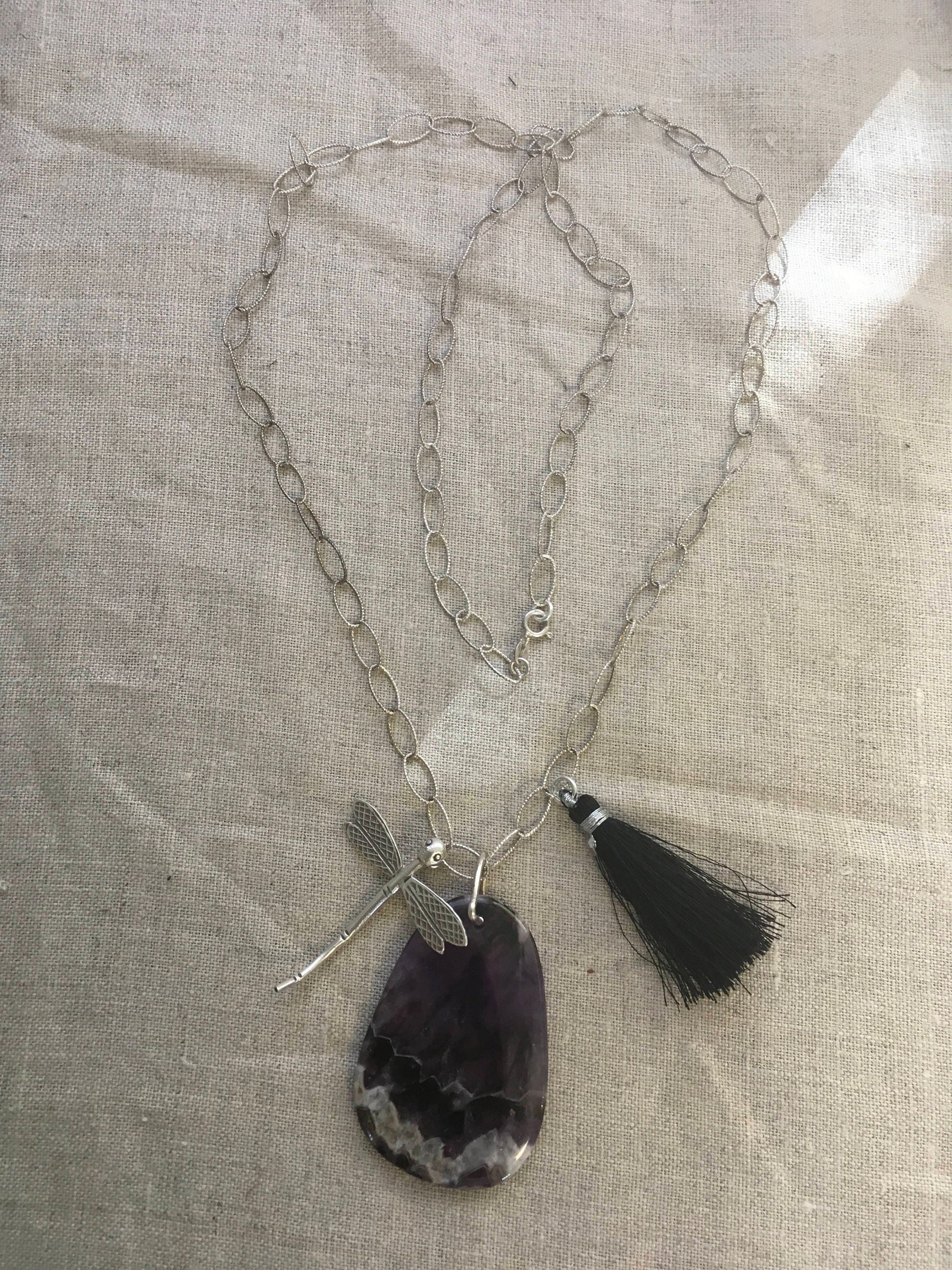 pendant "Transformative Healing" Chevron Amethyst, Hill Tribe Silver Damselfly, Black Tassel, Sterling chain, Reiki charged, Gift idea