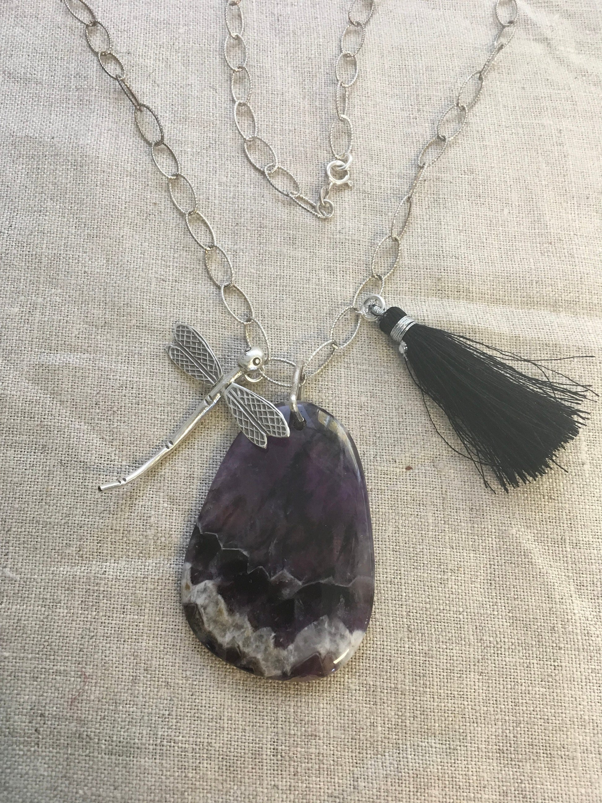 pendant "Transformative Healing" Chevron Amethyst, Hill Tribe Silver Damselfly, Black Tassel, Sterling chain, Reiki charged, Gift idea