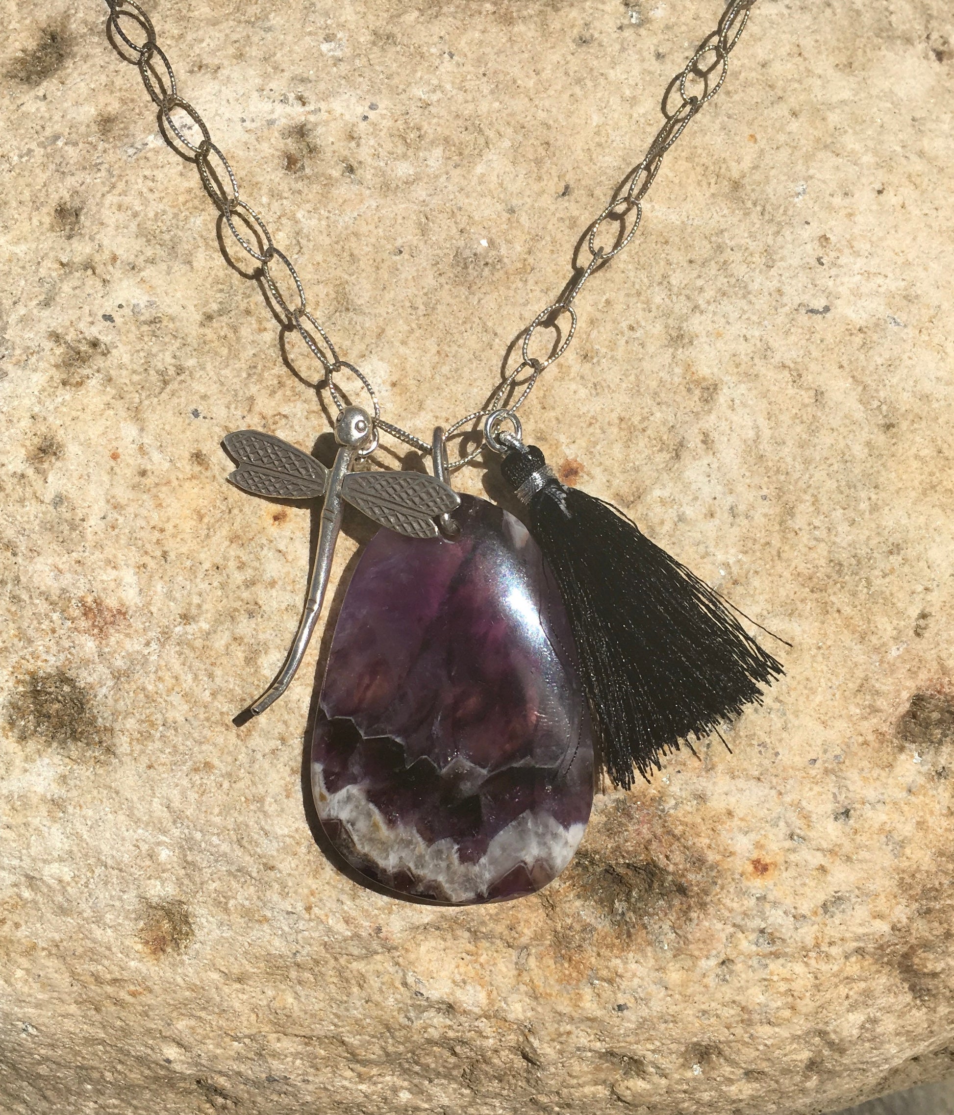 pendant "Transformative Healing" Chevron Amethyst, Hill Tribe Silver Damselfly, Black Tassel, Sterling chain, Reiki charged, Gift idea