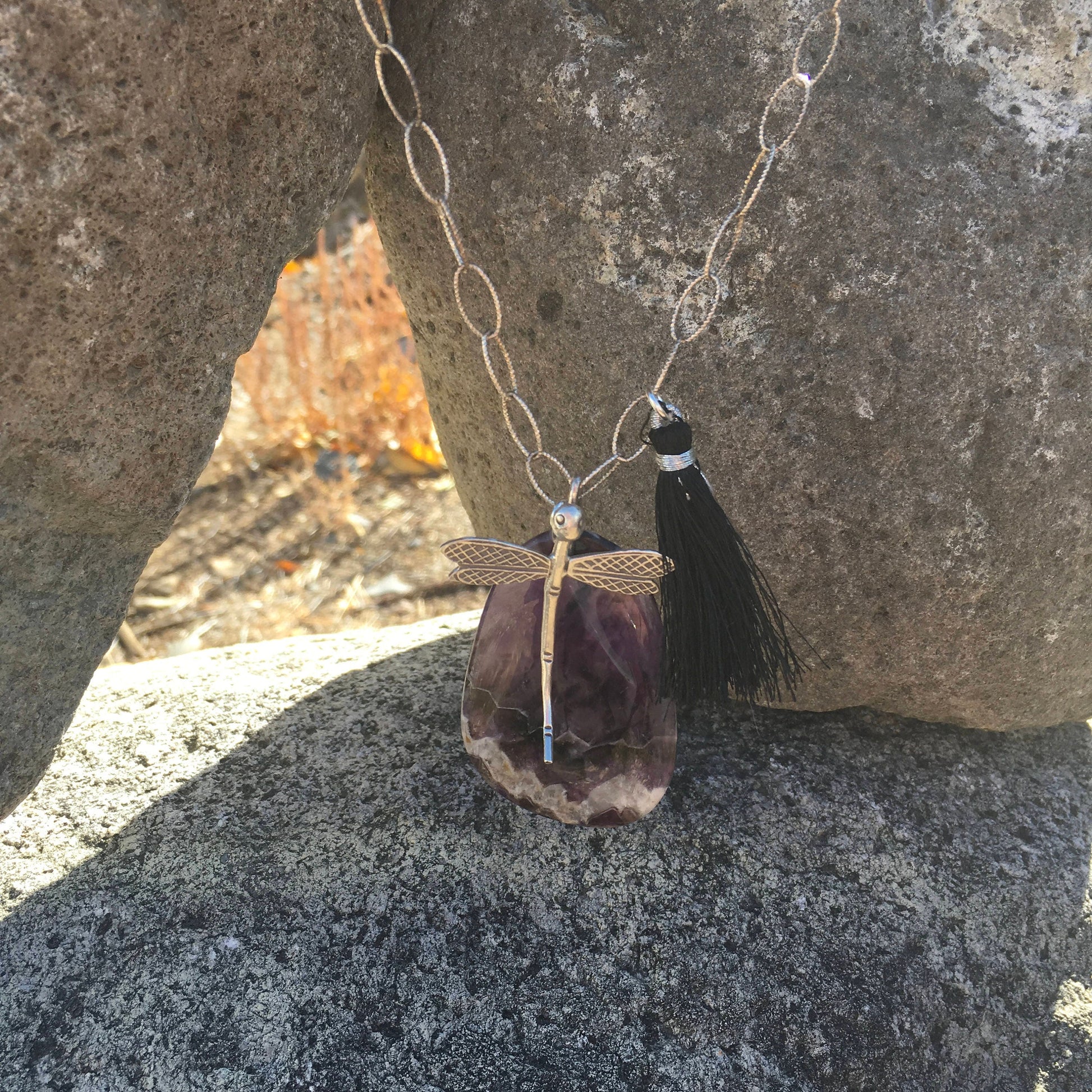 pendant "Transformative Healing" Chevron Amethyst, Hill Tribe Silver Damselfly, Black Tassel, Sterling chain, Reiki charged, Gift idea