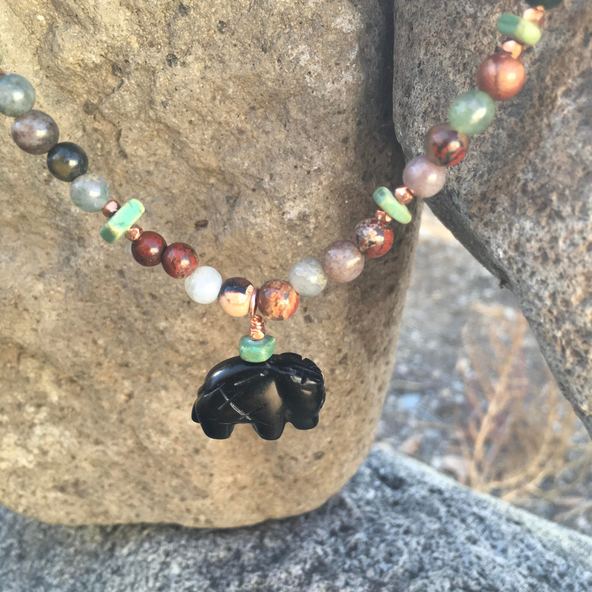 necklace "Idealized Past" Carved Onyx Zuni Buffalo, Turquoise, Agate, Jasper, Copper, Wild West series, Gift idea, Gender Neutral jewelry