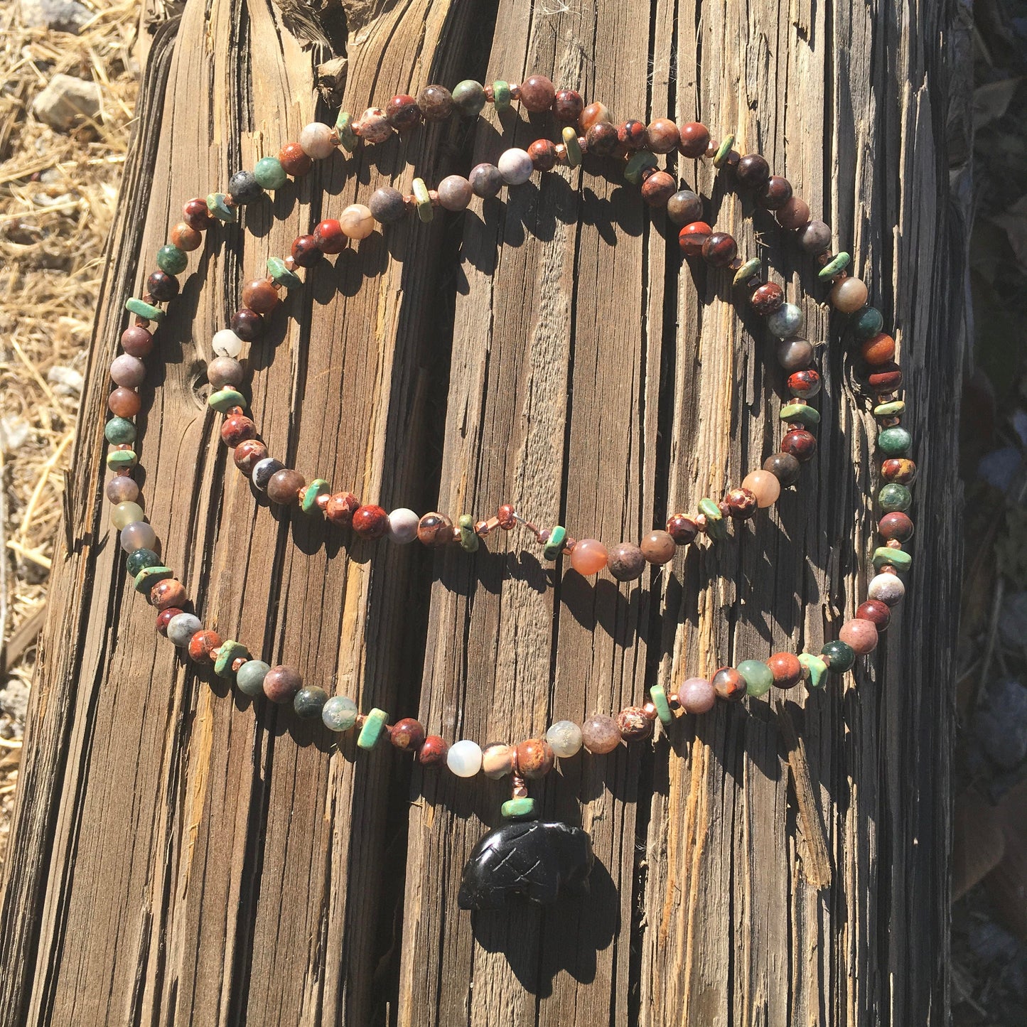 necklace "Idealized Past" Carved Onyx Zuni Buffalo, Turquoise, Agate, Jasper, Copper, Wild West series, Gift idea, Gender Neutral jewelry