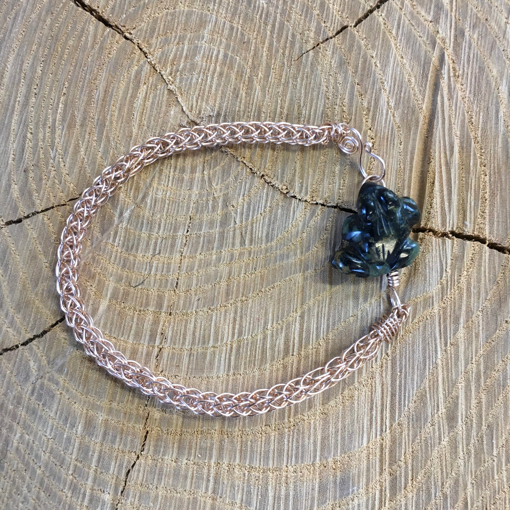 Viking knit bracelet "Frog" Bronze wire, Carved Jasper Frog, Gift for him, Gift for her, Reiki charged, Unisex jewelry, hand made chain