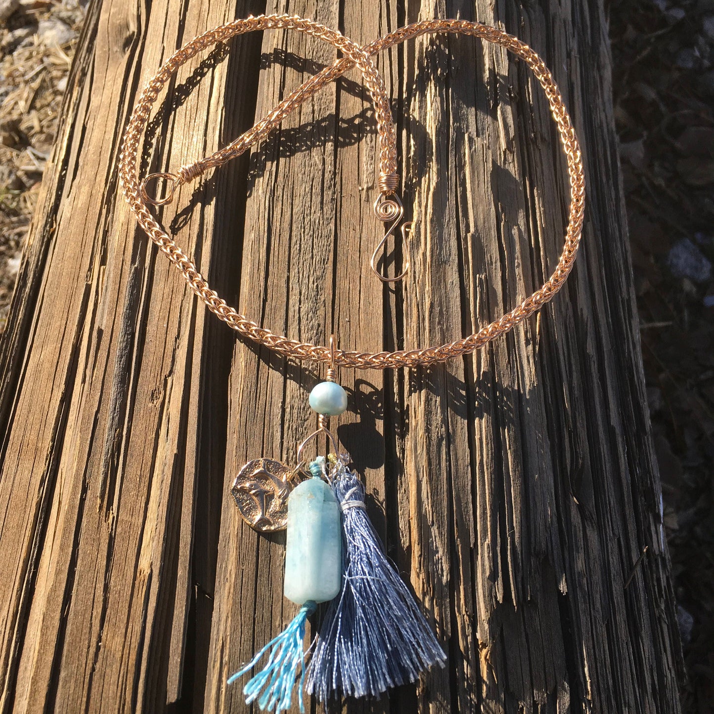 viking knit necklace "Ancient Mariner" Bronze handmade chain, Bronze Dolphin charm, Aquamarine, Tassel, Mermaid jewelry, Reiki charged Ocean