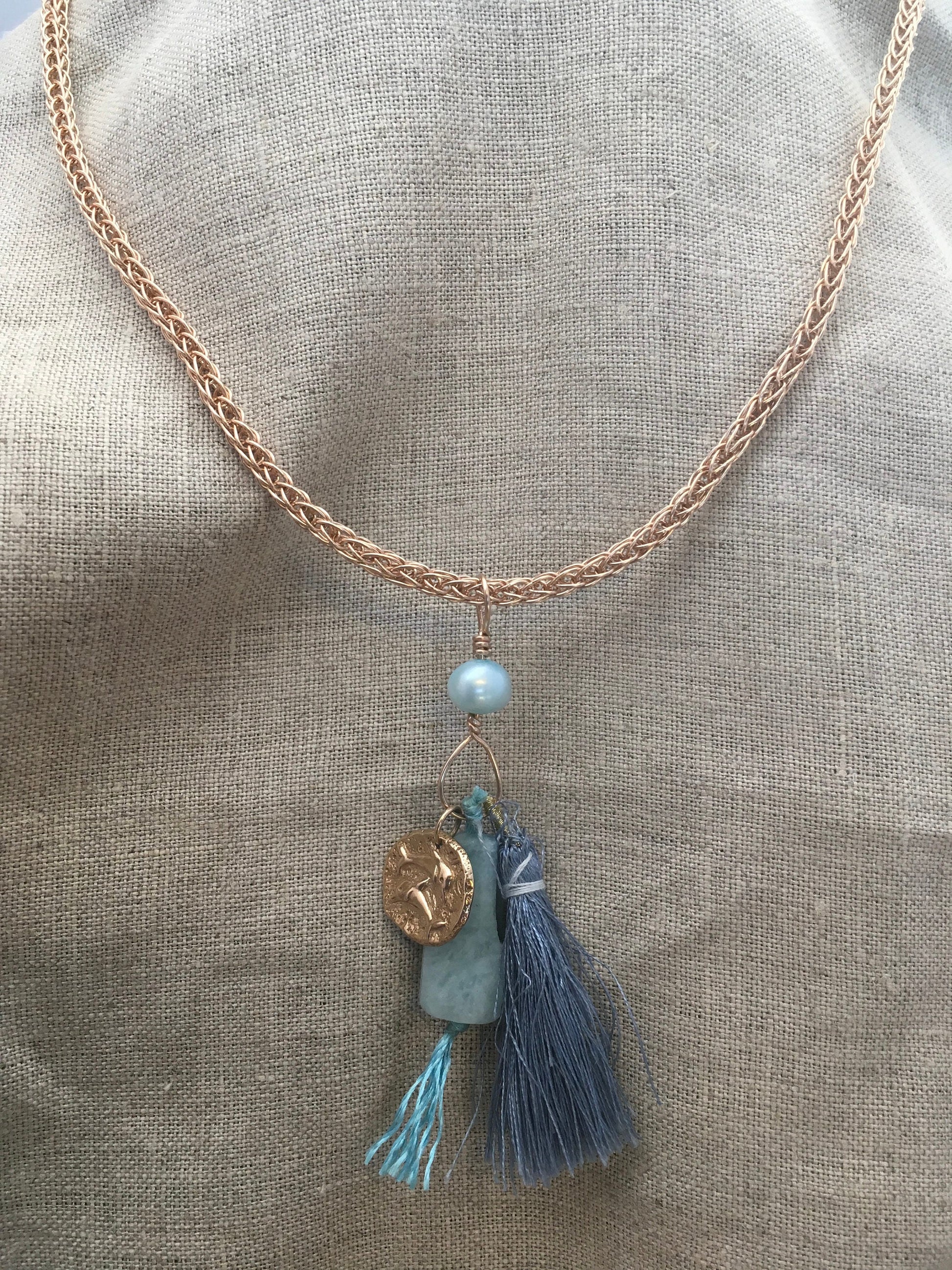 viking knit necklace "Ancient Mariner" Bronze handmade chain, Bronze Dolphin charm, Aquamarine, Tassel, Mermaid jewelry, Reiki charged Ocean