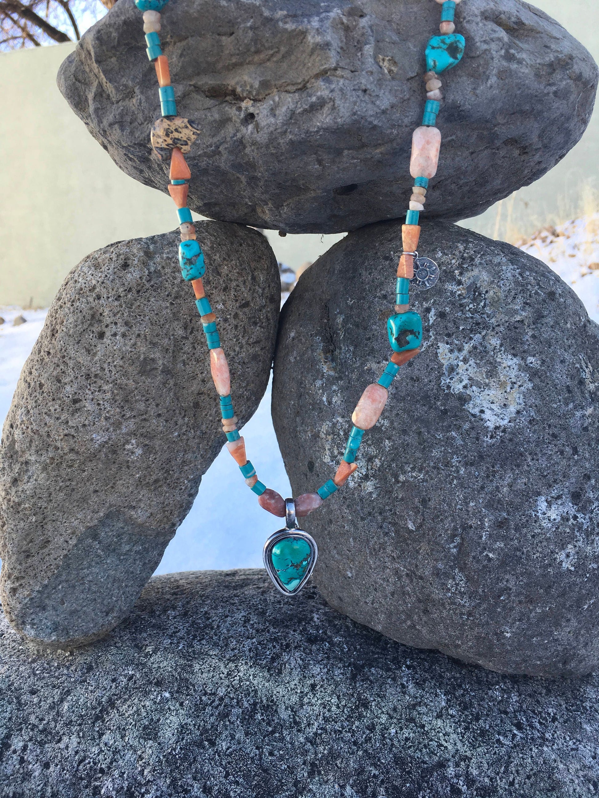 necklace "Land of Enchantment" Turquoise pendant, Sterling Zia charm, Zuni Bear fetish, Sunstone, Turquoise, New Mexico, Reiki charged