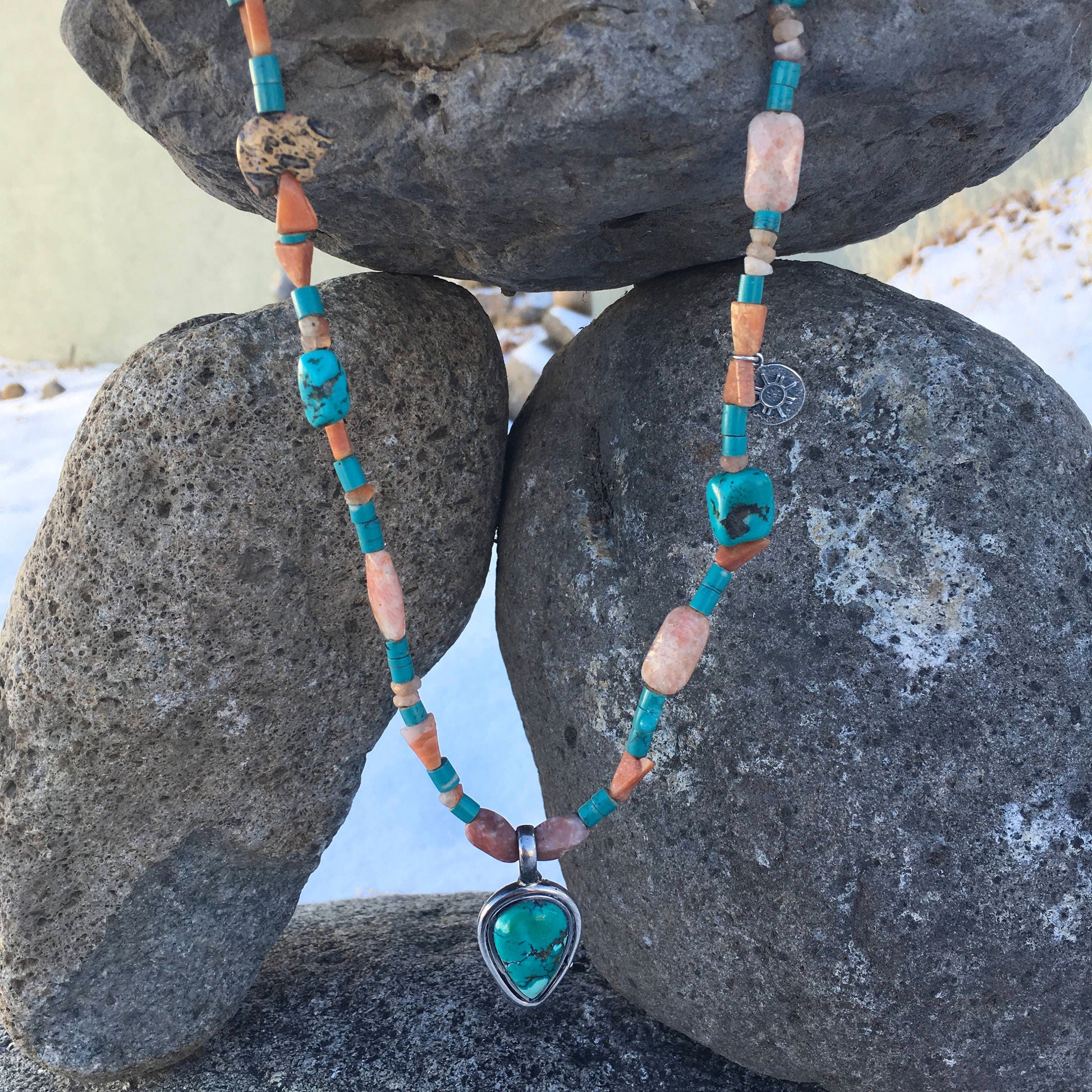 necklace "Land of Enchantment" Turquoise pendant, Sterling Zia charm, Zuni Bear fetish, Sunstone, Turquoise, New Mexico, Reiki charged