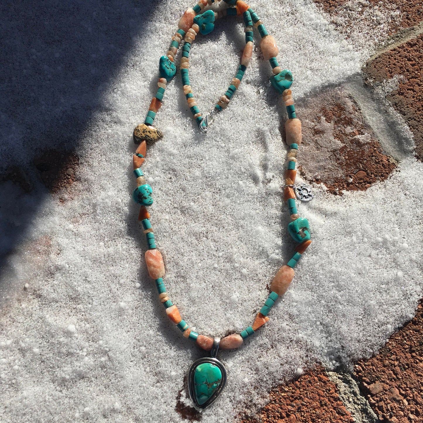 necklace "Land of Enchantment" Turquoise pendant, Sterling Zia charm, Zuni Bear fetish, Sunstone, Turquoise, New Mexico, Reiki charged