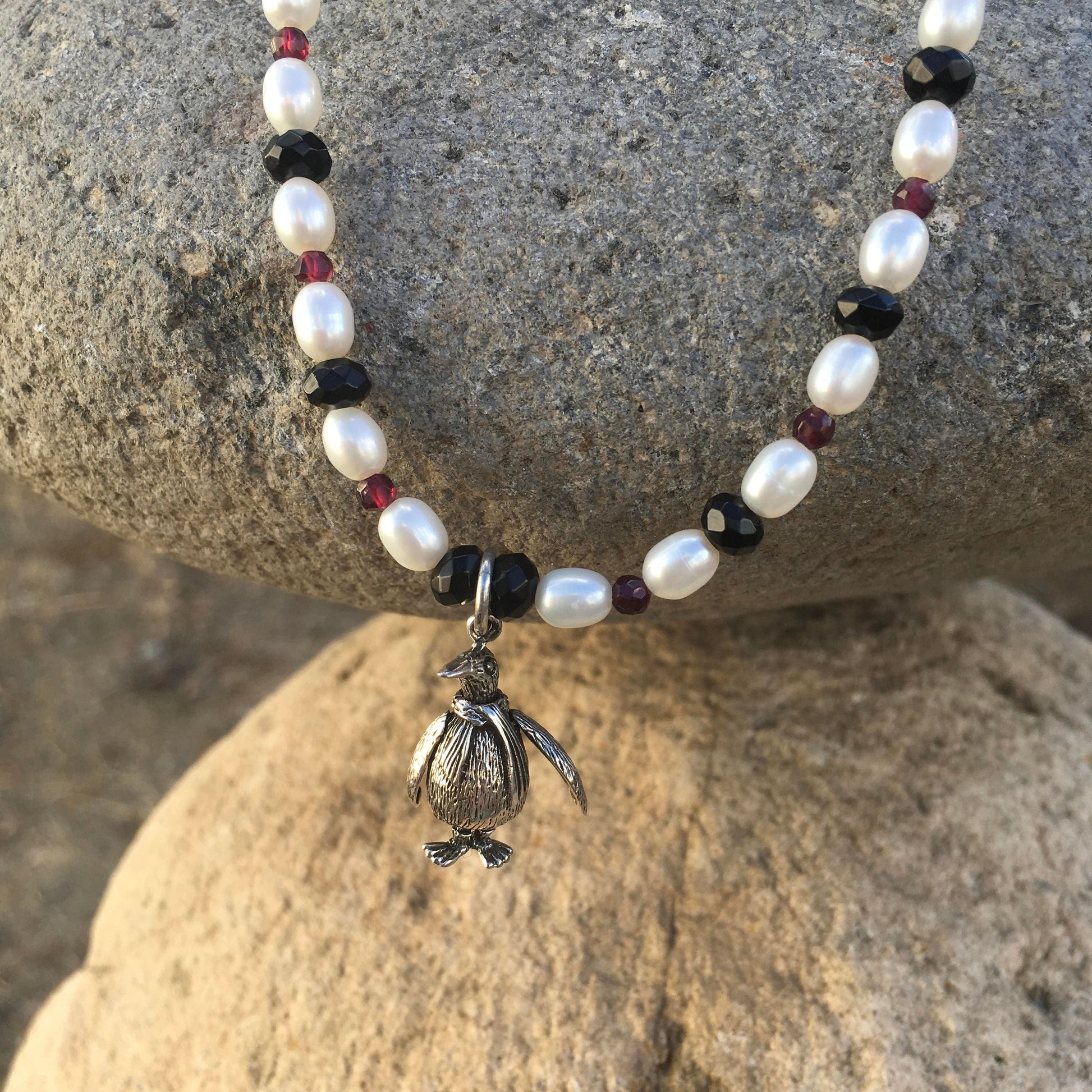 necklace "South Pole Resident" Sterling Penguin, Pearls, Onyx, Garnet, Gift idea, Reiki charged, January birthstone, Penguin necklace