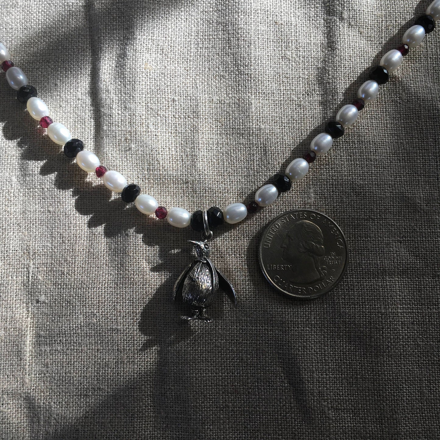 necklace "South Pole Resident" Sterling Penguin, Pearls, Onyx, Garnet, Gift idea, Reiki charged, January birthstone, Penguin necklace