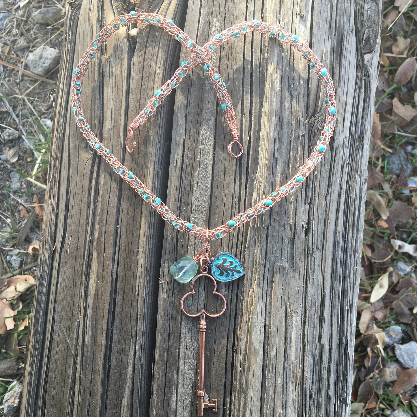 viking knit necklace "Key to Higher Self" handmade Copper chain with beads, Copper Key, Copper Charm, Fluorite, Reiki charged, Gift idea