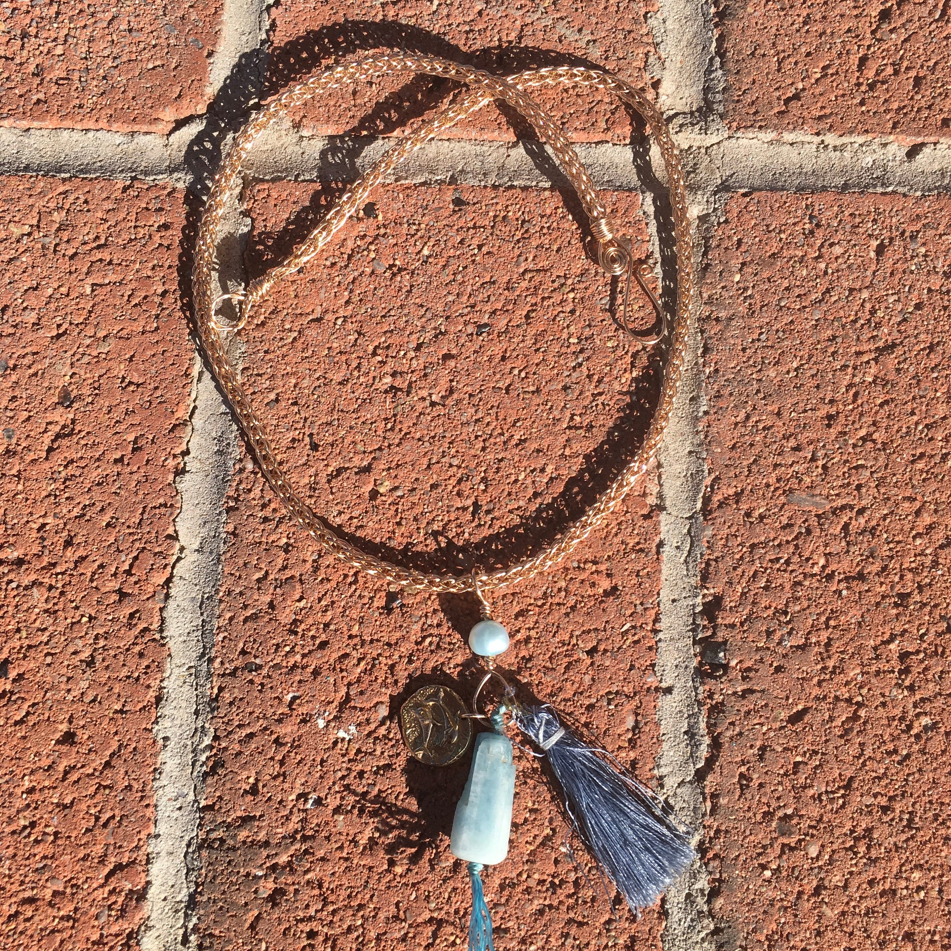 viking knit necklace "Ancient Mariner" Bronze handmade chain, Bronze Dolphin charm, Aquamarine, Tassel, Mermaid jewelry, Reiki charged Ocean