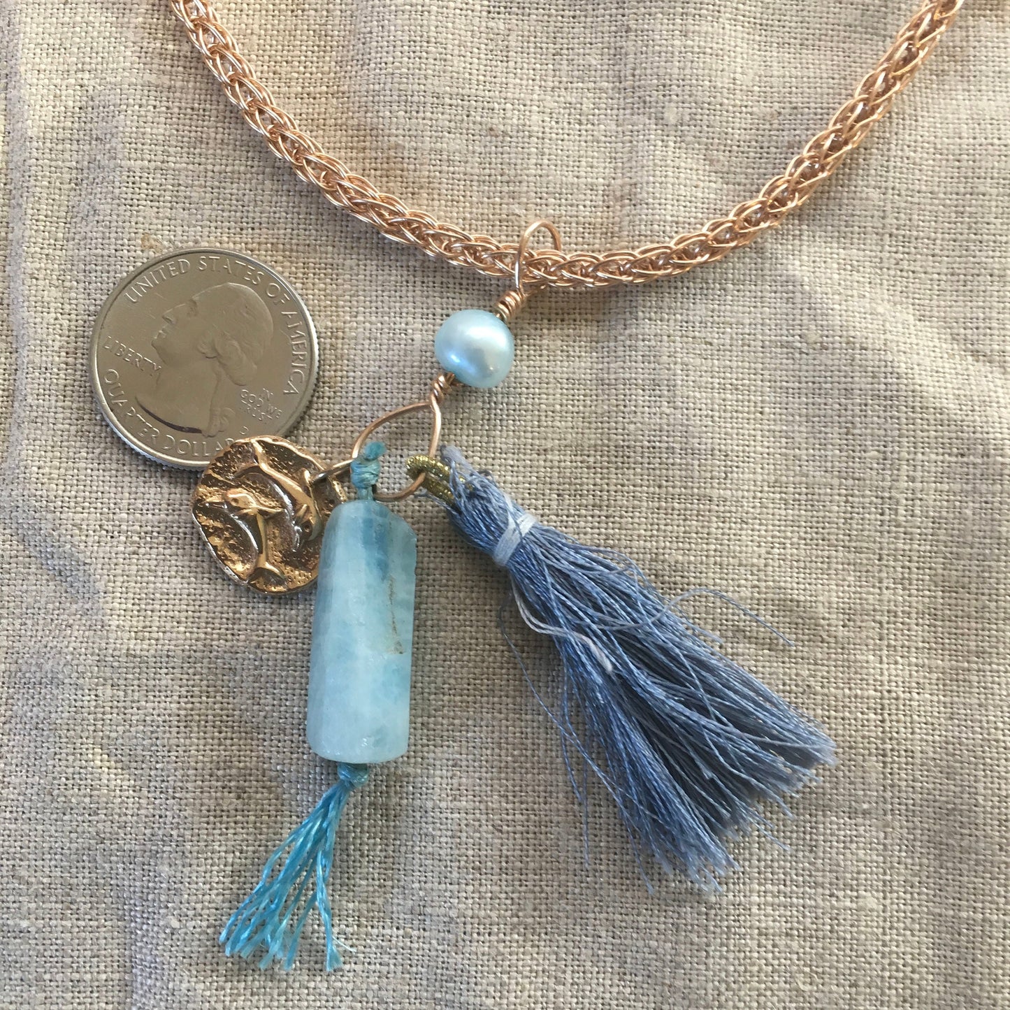 viking knit necklace "Ancient Mariner" Bronze handmade chain, Bronze Dolphin charm, Aquamarine, Tassel, Mermaid jewelry, Reiki charged Ocean