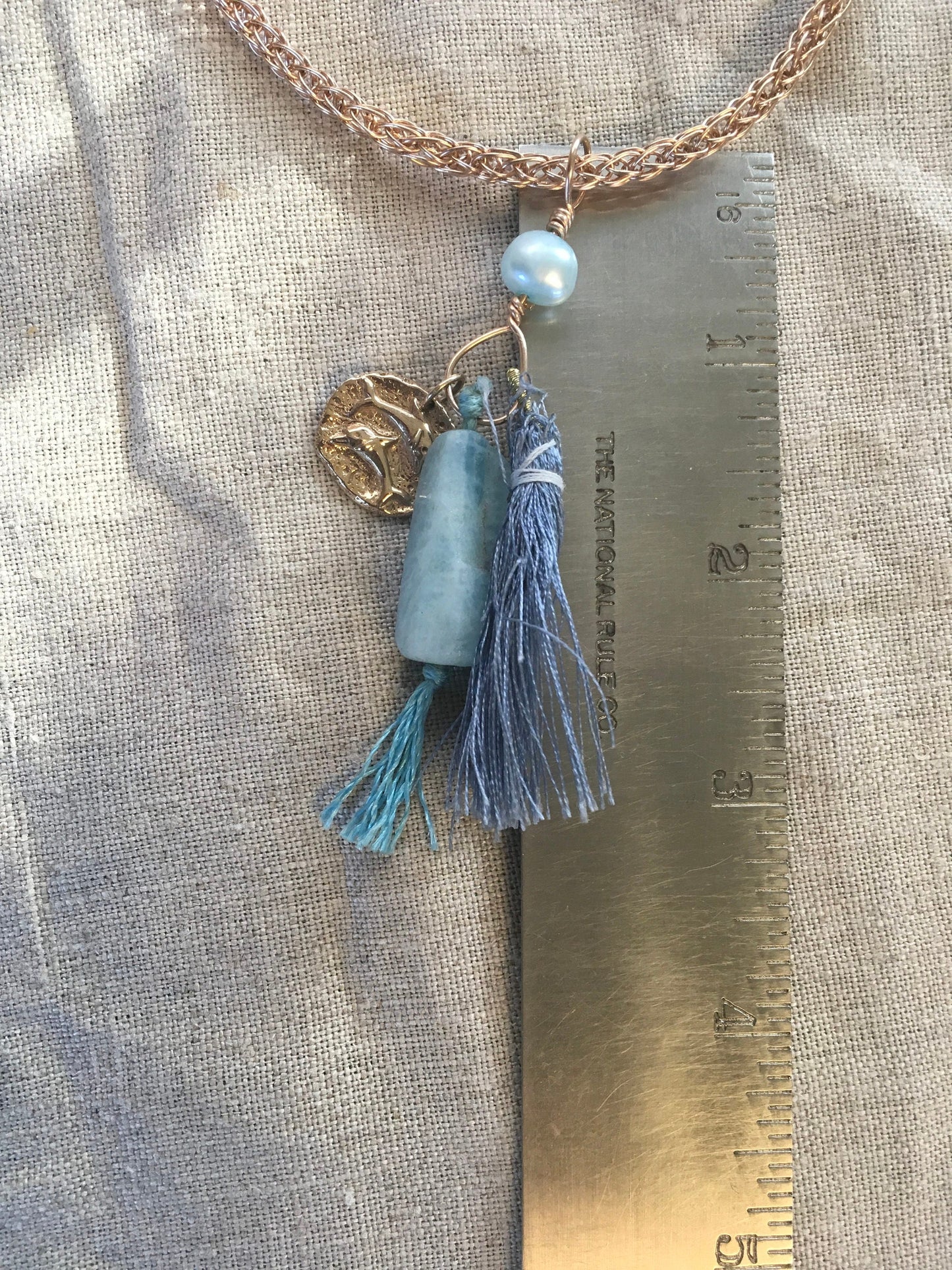 viking knit necklace "Ancient Mariner" Bronze handmade chain, Bronze Dolphin charm, Aquamarine, Tassel, Mermaid jewelry, Reiki charged Ocean