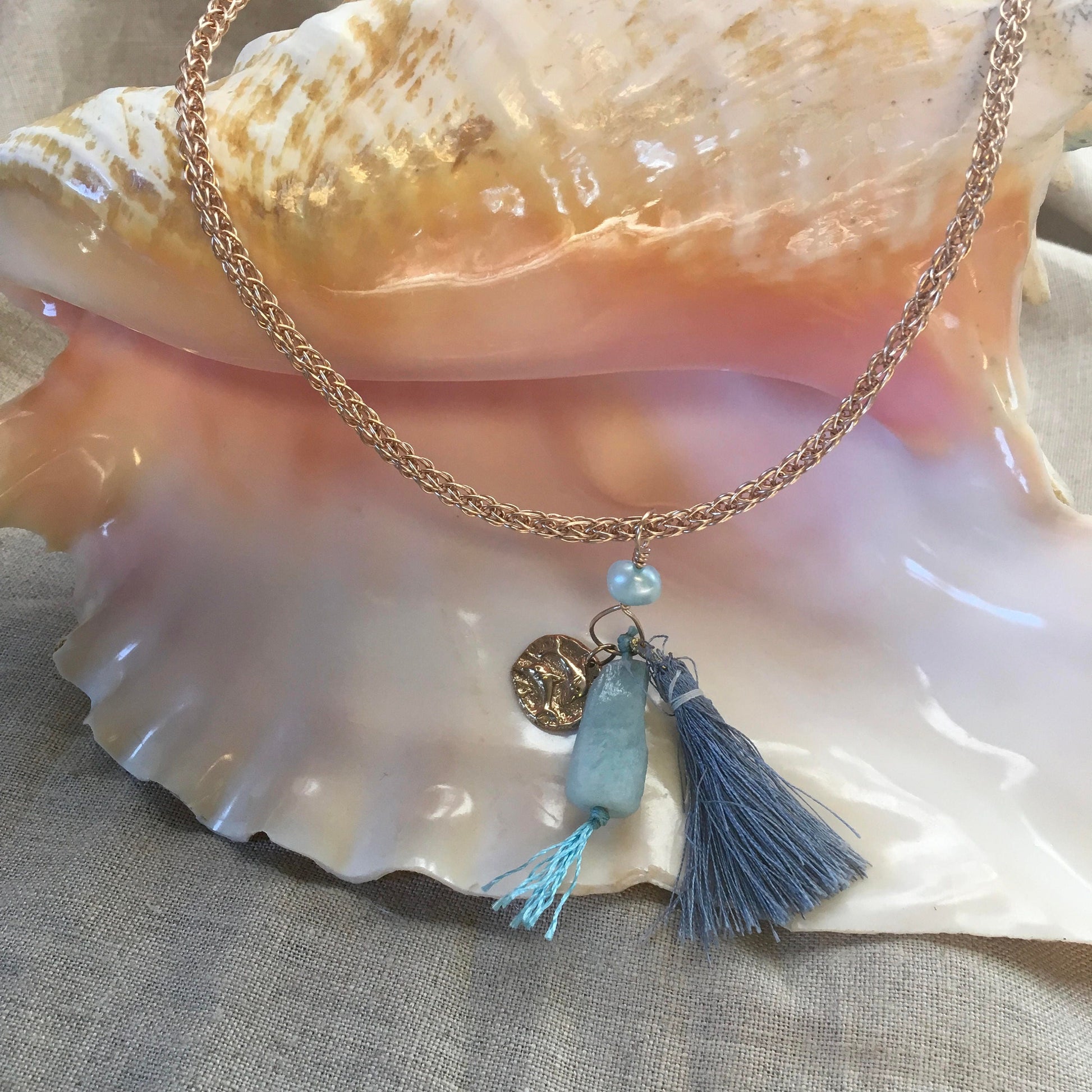 viking knit necklace "Ancient Mariner" Bronze handmade chain, Bronze Dolphin charm, Aquamarine, Tassel, Mermaid jewelry, Reiki charged Ocean