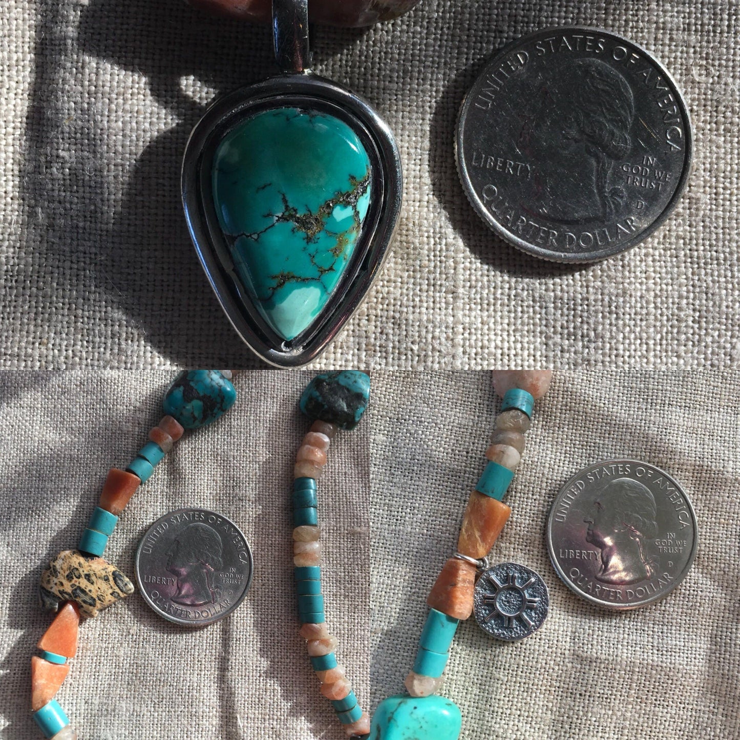 necklace "Land of Enchantment" Turquoise pendant, Sterling Zia charm, Zuni Bear fetish, Sunstone, Turquoise, New Mexico, Reiki charged