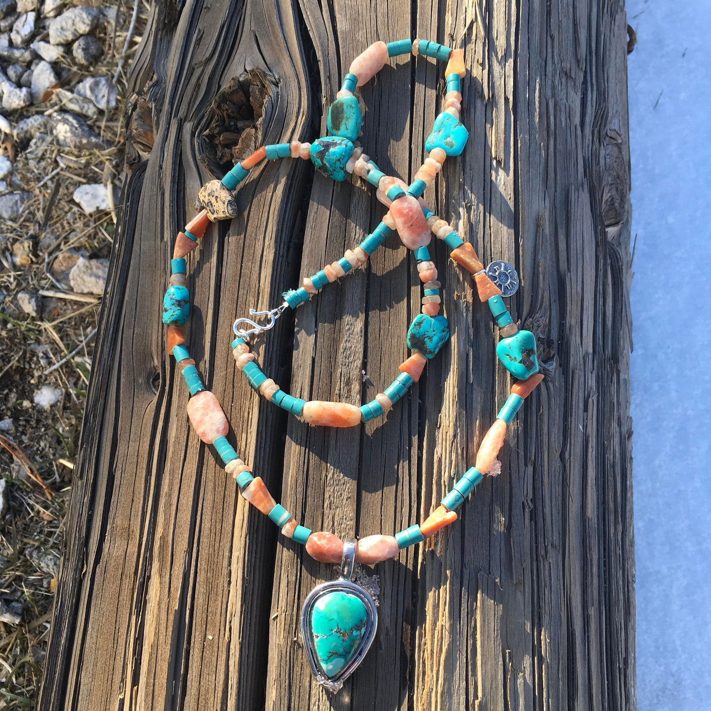 necklace "Land of Enchantment" Turquoise pendant, Sterling Zia charm, Zuni Bear fetish, Sunstone, Turquoise, New Mexico, Reiki charged