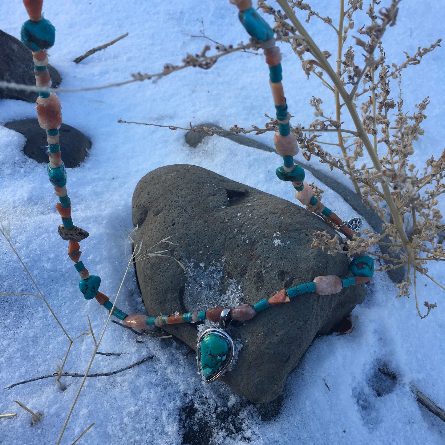 necklace "Land of Enchantment" Turquoise pendant, Sterling Zia charm, Zuni Bear fetish, Sunstone, Turquoise, New Mexico, Reiki charged