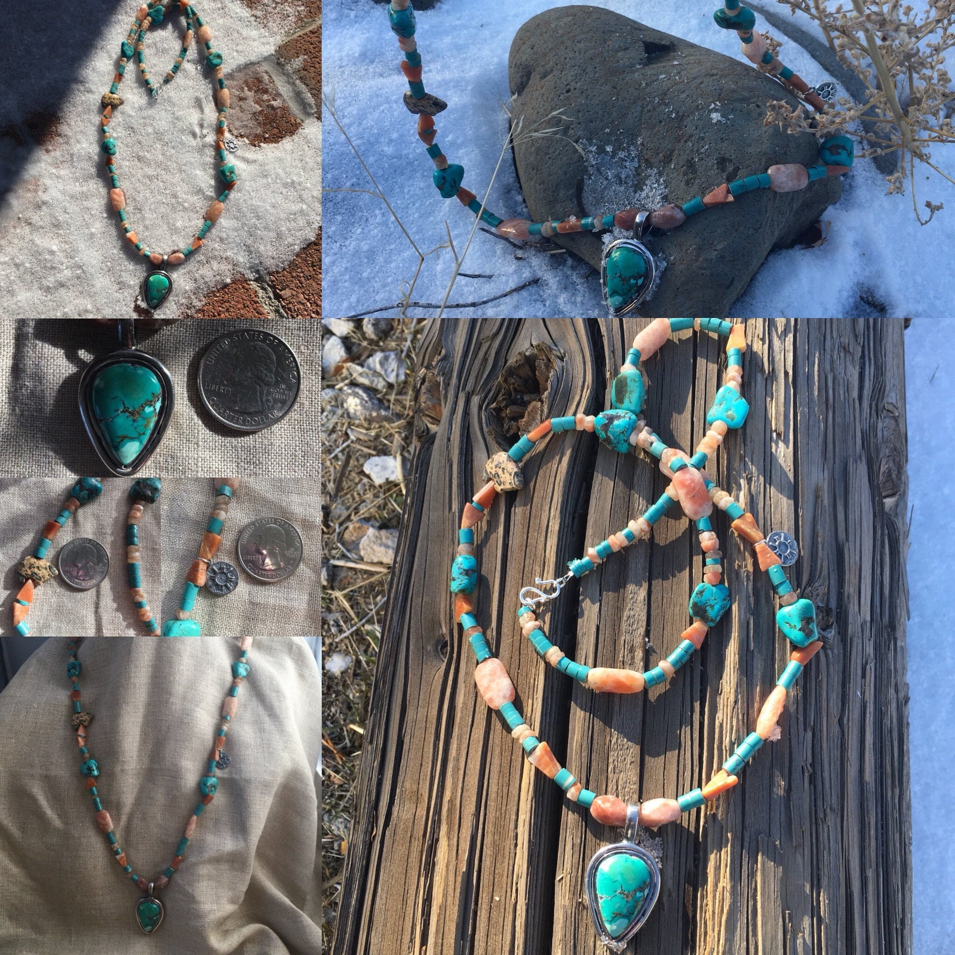 necklace "Land of Enchantment" Turquoise pendant, Sterling Zia charm, Zuni Bear fetish, Sunstone, Turquoise, New Mexico, Reiki charged