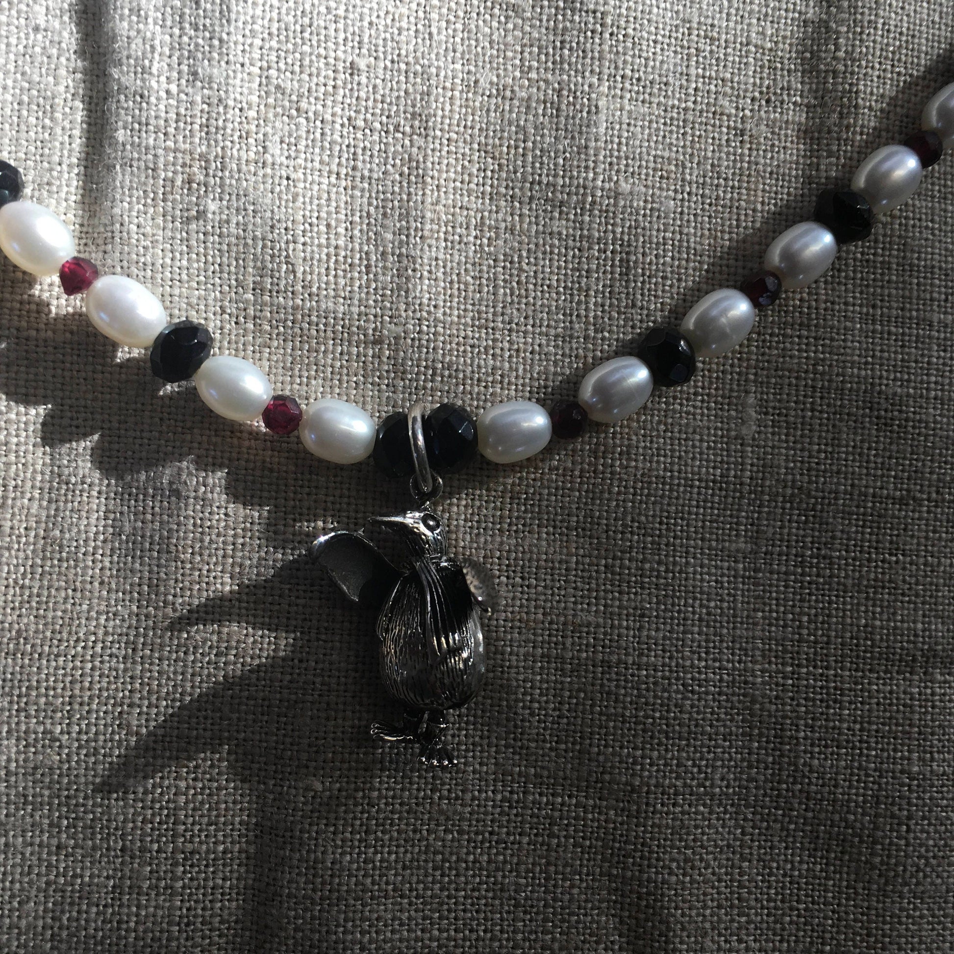 necklace "South Pole Resident" Sterling Penguin, Pearls, Onyx, Garnet, Gift idea, Reiki charged, January birthstone, Penguin necklace