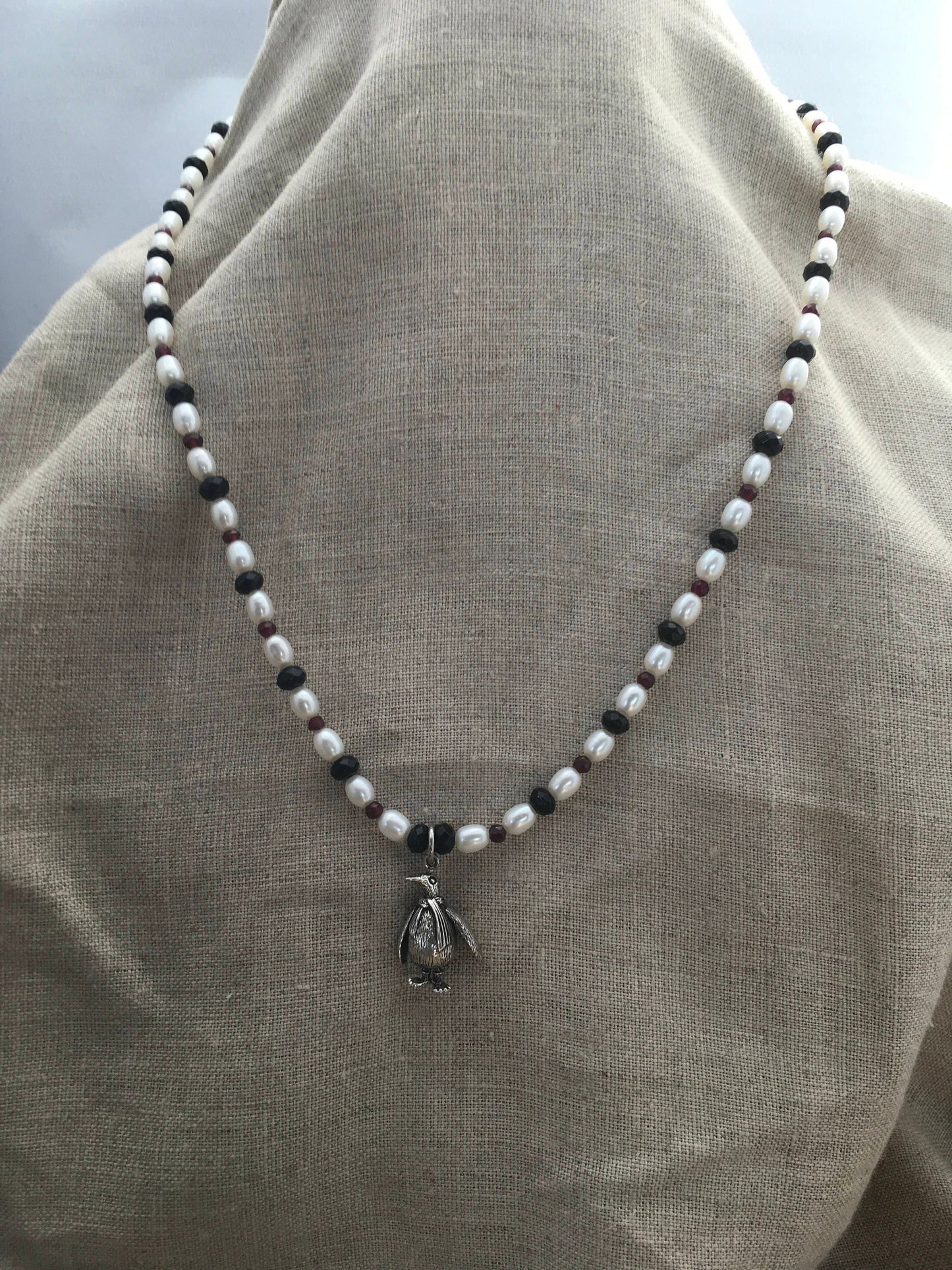 necklace "South Pole Resident" Sterling Penguin, Pearls, Onyx, Garnet, Gift idea, Reiki charged, January birthstone, Penguin necklace