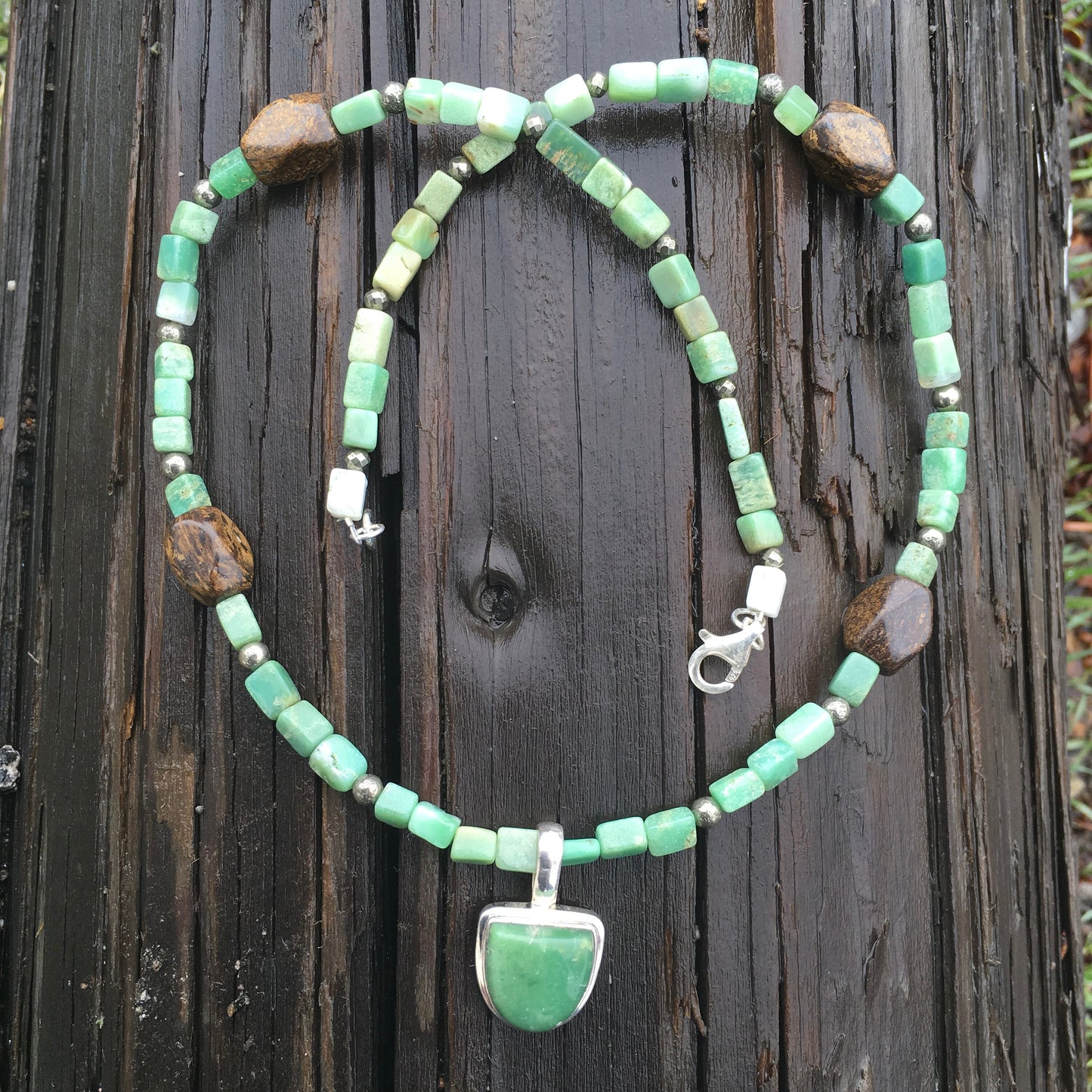 necklace "I Grow" Chrysoprase pendant and beads, Pyrite, Bronzite, Reiki charged, Gender Neutral jewelry, Spring jewelry, heart chakra piece