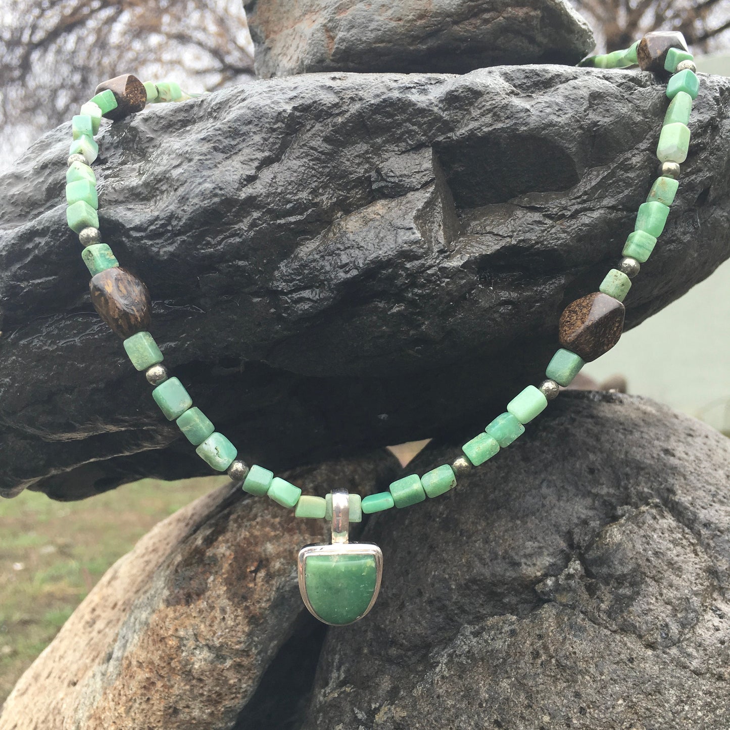 necklace "I Grow" Chrysoprase pendant and beads, Pyrite, Bronzite, Reiki charged, Gender Neutral jewelry, Spring jewelry, heart chakra piece