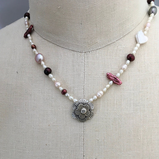 necklace "The Boutique" Fine Silver Flower pendant, Pearl necklace, Flower power, Wedding Jewelry, Bridal, Reiki charged, Gift Idea, May Day