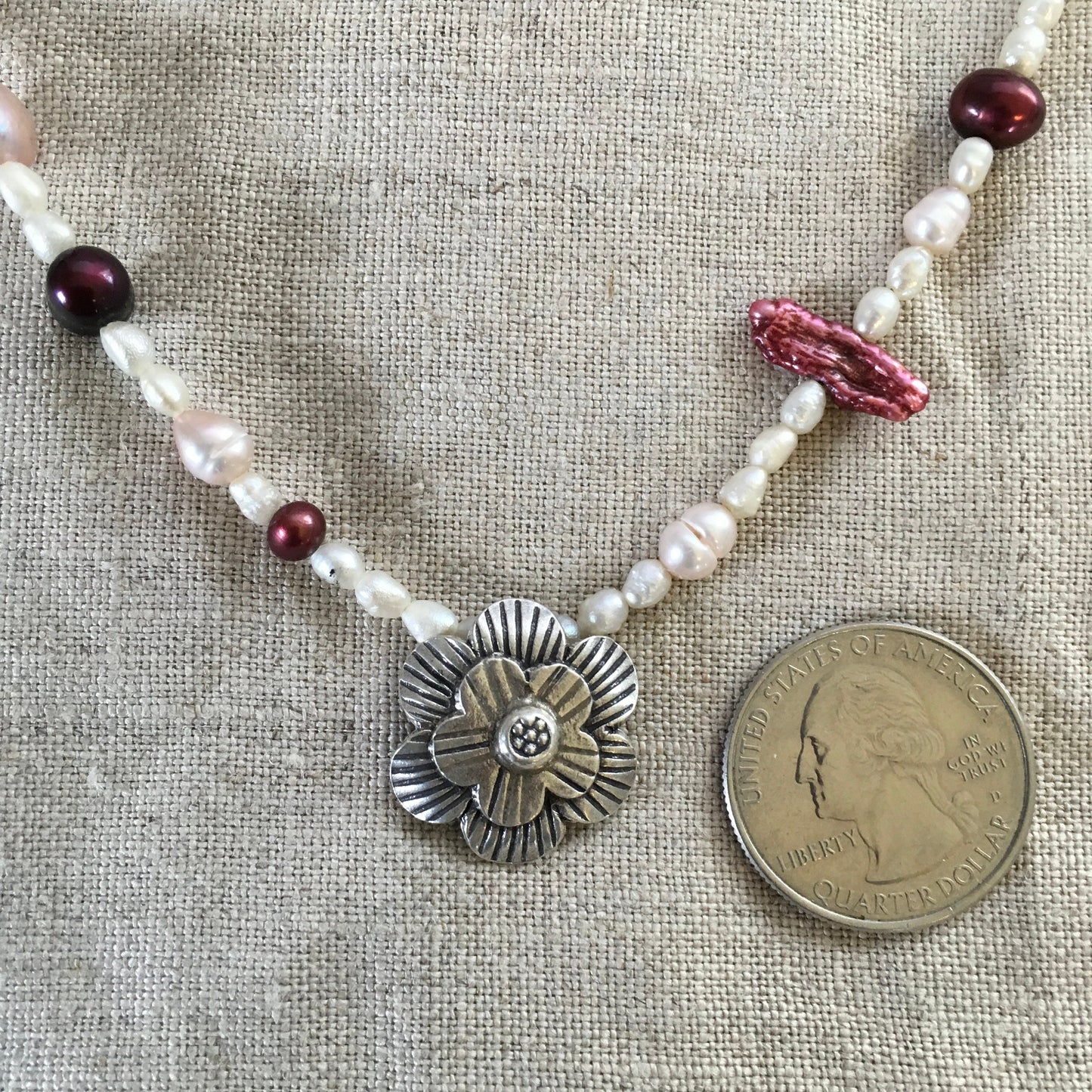 necklace "The Boutique" Fine Silver Flower pendant, Pearl necklace, Flower power, Wedding Jewelry, Bridal, Reiki charged, Gift Idea, May Day