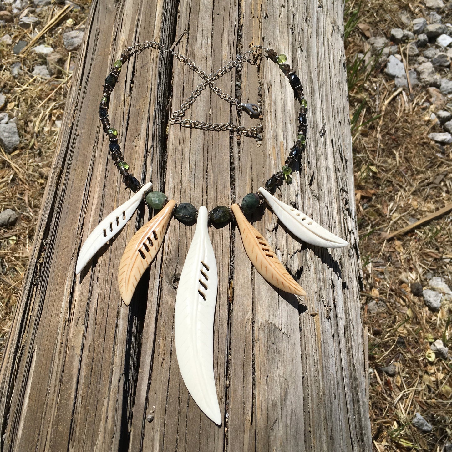 necklace "Wood Nymph Charm" carved bone Feathers or Leaves, Green Tourmaline, Peridot, Smokey Quartz, Statement Piece, Reiki charged