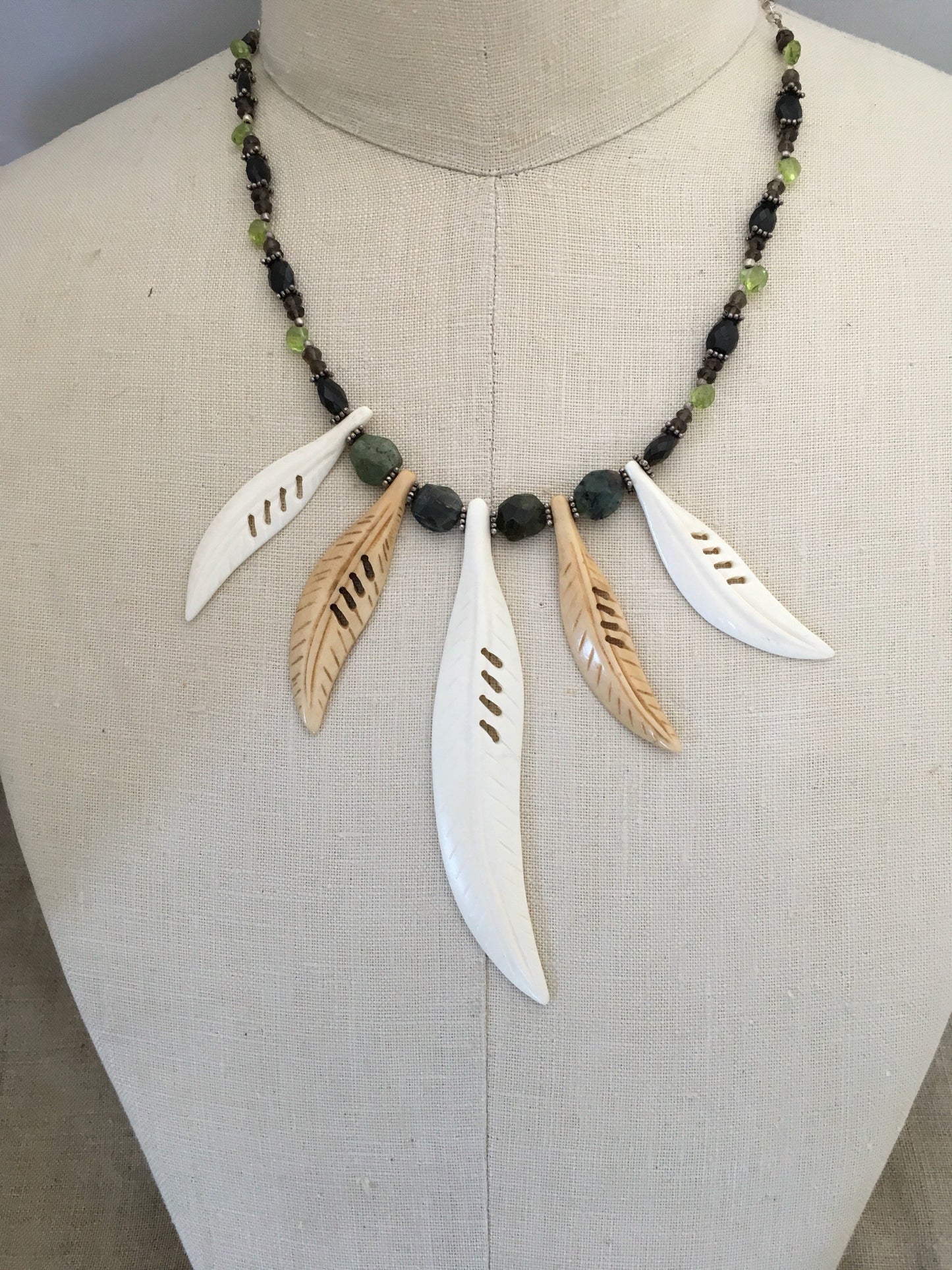 necklace "Wood Nymph Charm" carved bone Feathers or Leaves, Green Tourmaline, Peridot, Smokey Quartz, Statement Piece, Reiki charged