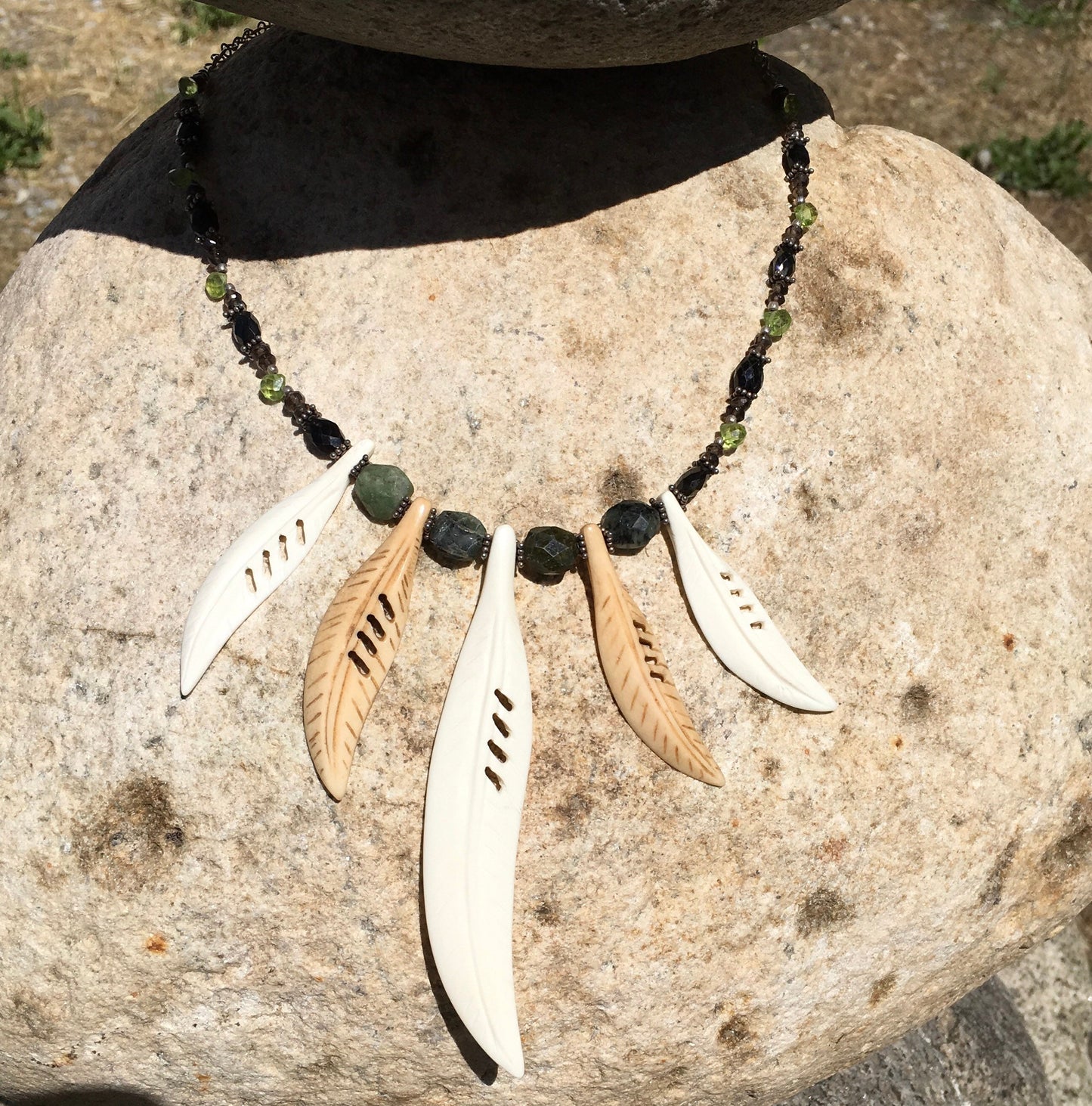 necklace "Wood Nymph Charm" carved bone Feathers or Leaves, Green Tourmaline, Peridot, Smokey Quartz, Statement Piece, Reiki charged