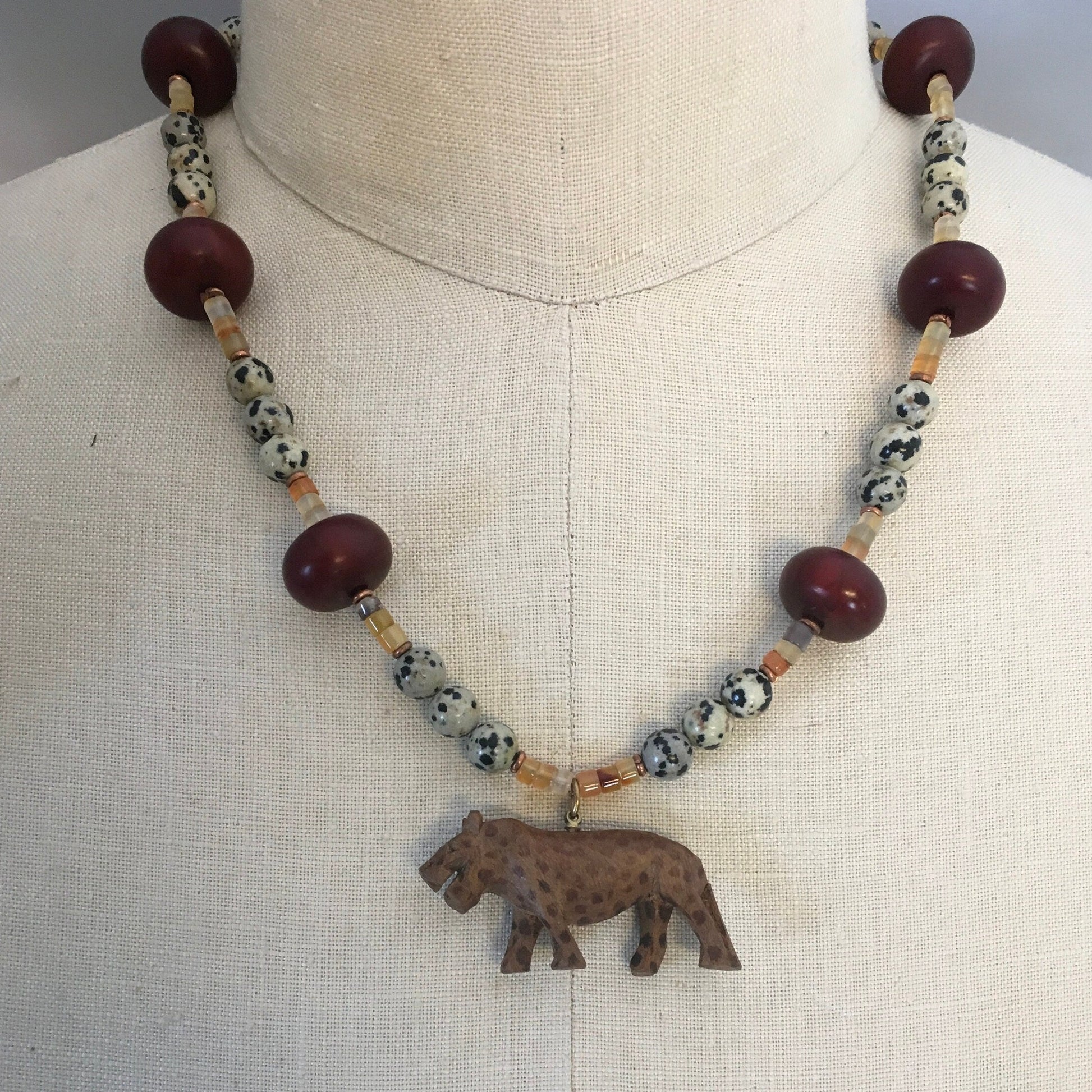 necklace "El Santo" Carved Wood Jaguar, Carnelian, Dalmatian Jasper, African beads, Statement Piece, Gender Neutral, Gift idea, Reiki vibes