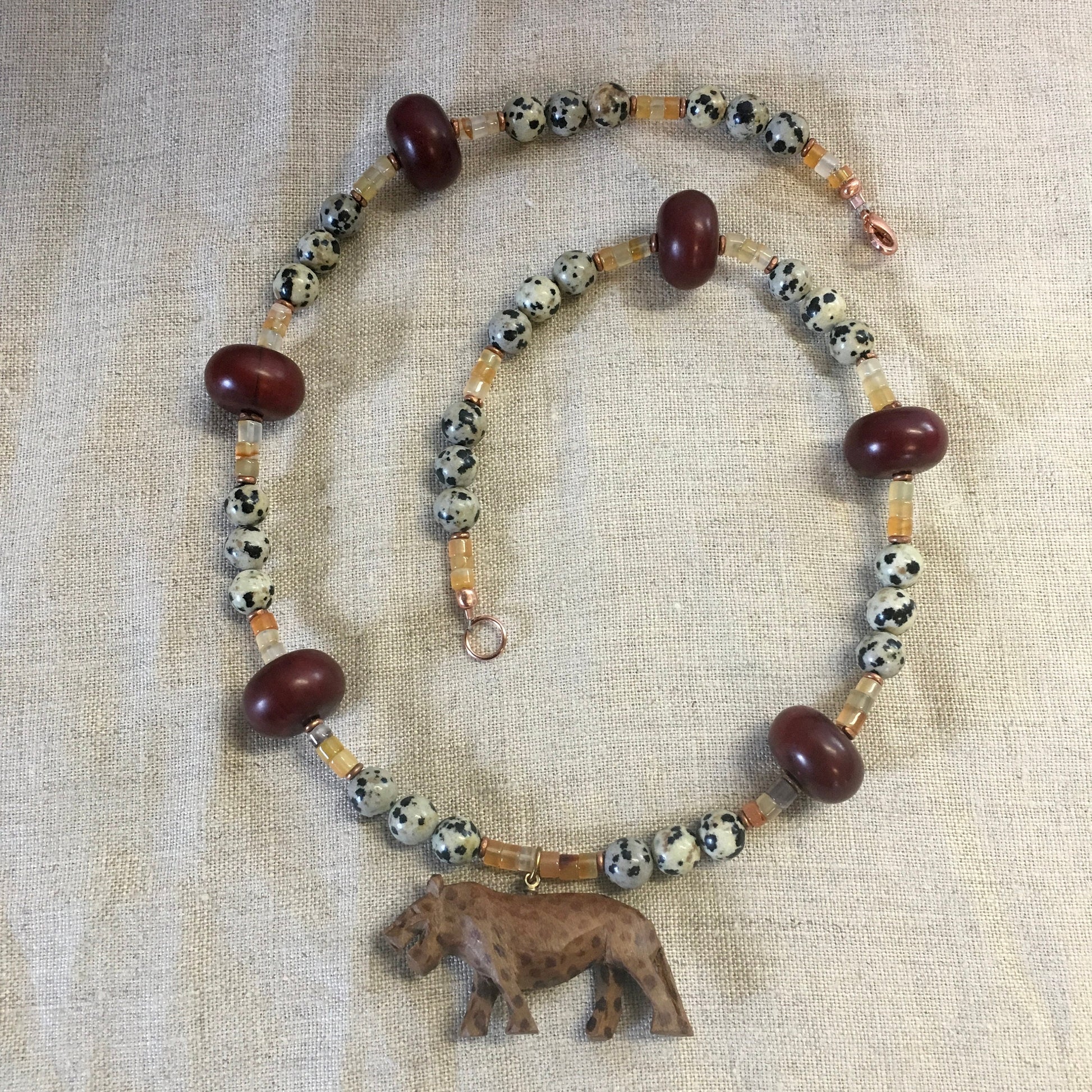 necklace "El Santo" Carved Wood Jaguar, Carnelian, Dalmatian Jasper, African beads, Statement Piece, Gender Neutral, Gift idea, Reiki vibes