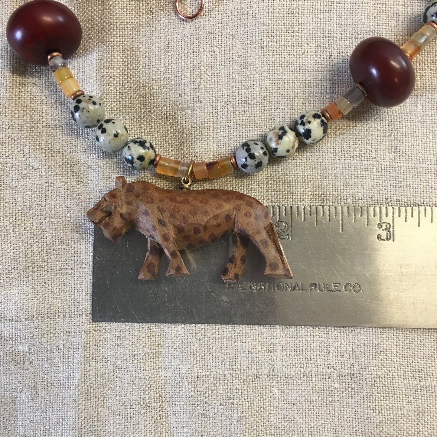 necklace "El Santo" Carved Wood Jaguar, Carnelian, Dalmatian Jasper, African beads, Statement Piece, Gender Neutral, Gift idea, Reiki vibes