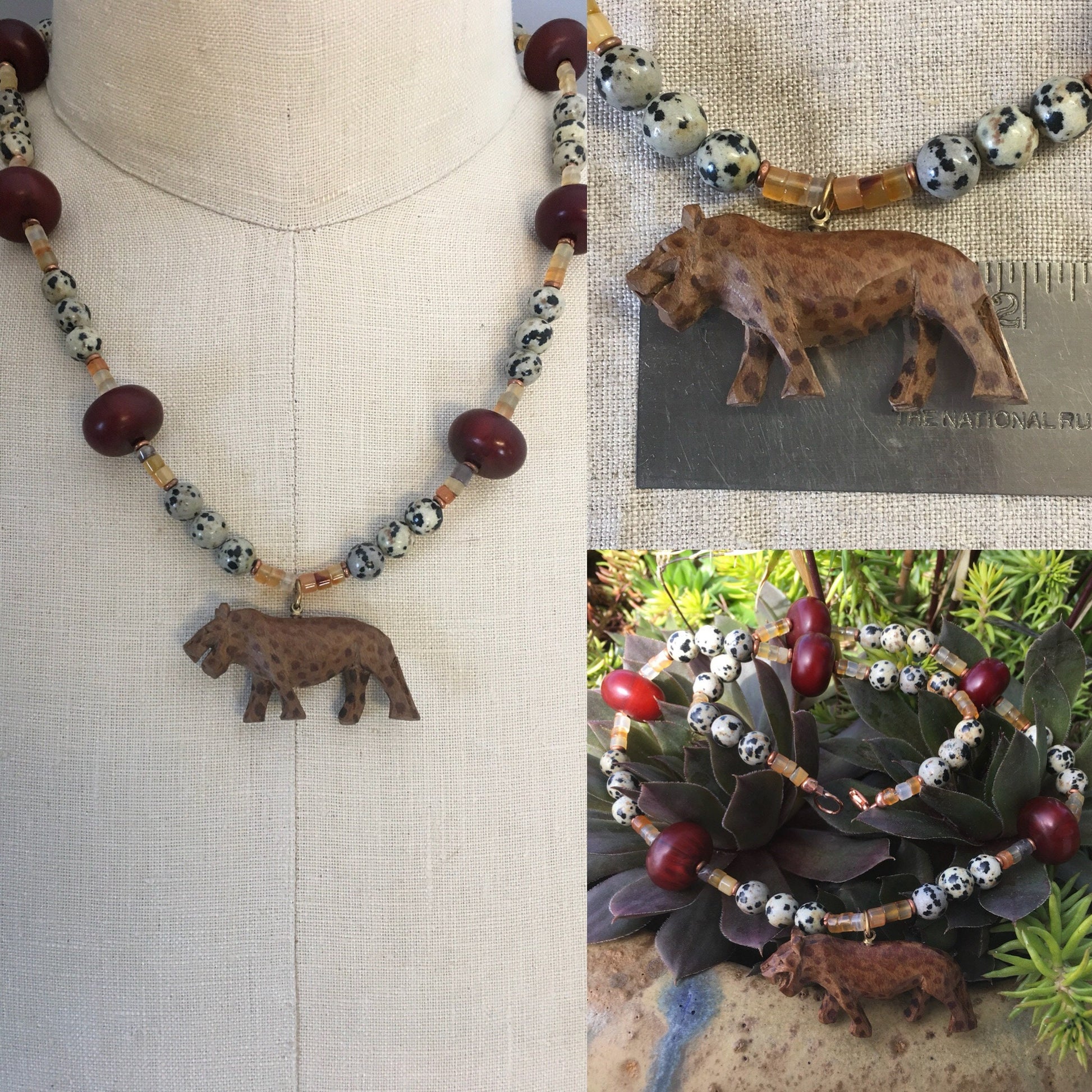 necklace "El Santo" Carved Wood Jaguar, Carnelian, Dalmatian Jasper, African beads, Statement Piece, Gender Neutral, Gift idea, Reiki vibes