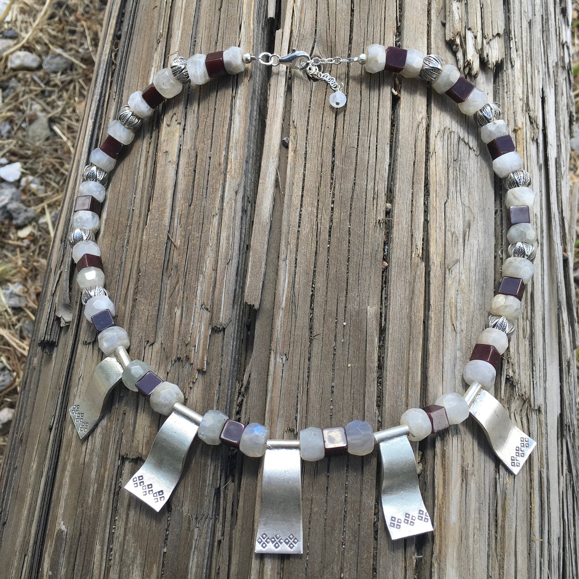 necklace "Smoldering Moon" Hill Tribe Silver Pendants & Beads, Large Moonstone rondelles, Garnet Cubes, Statement Piece, Gift idea, Reiki