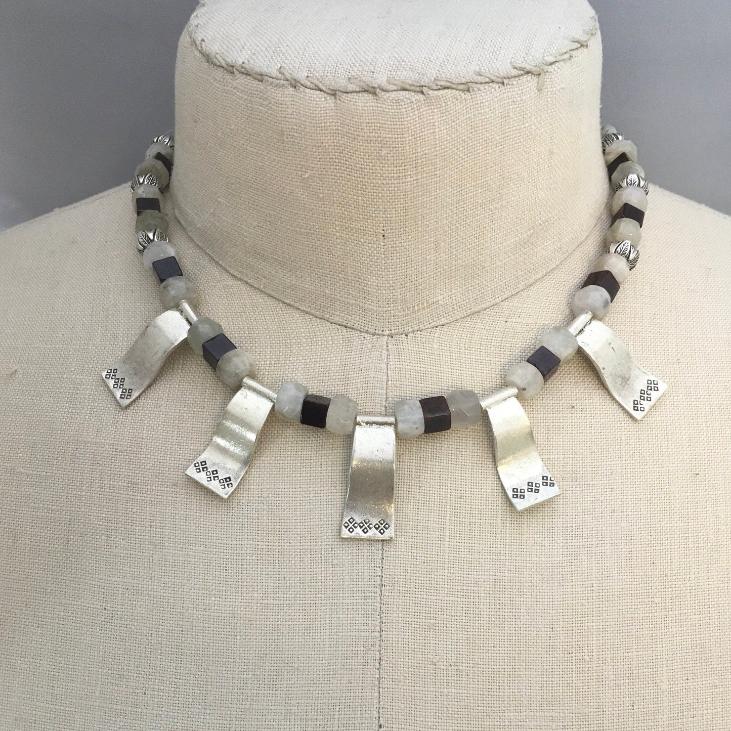 necklace "Smoldering Moon" Hill Tribe Silver Pendants & Beads, Large Moonstone rondelles, Garnet Cubes, Statement Piece, Gift idea, Reiki