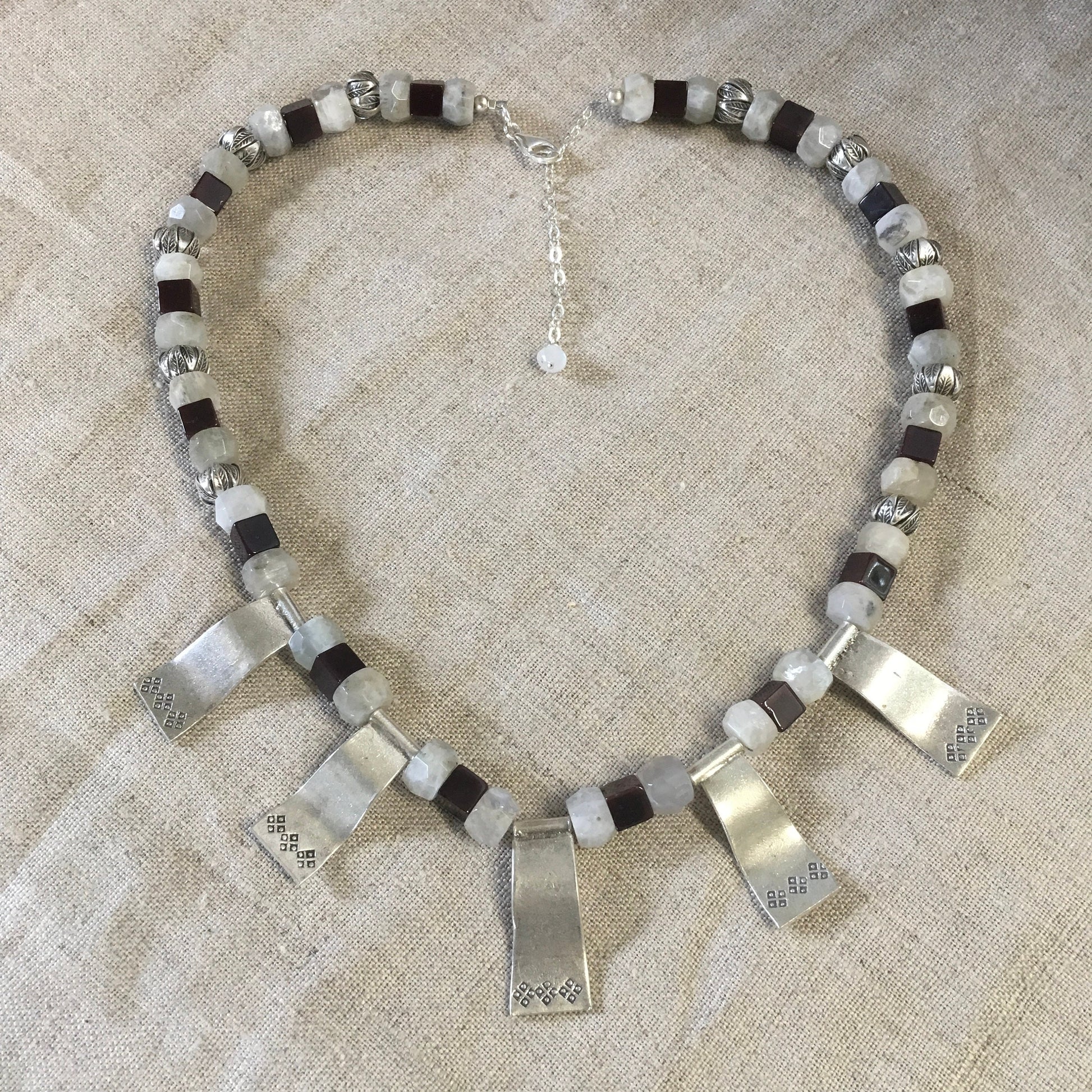 necklace "Smoldering Moon" Hill Tribe Silver Pendants & Beads, Large Moonstone rondelles, Garnet Cubes, Statement Piece, Gift idea, Reiki