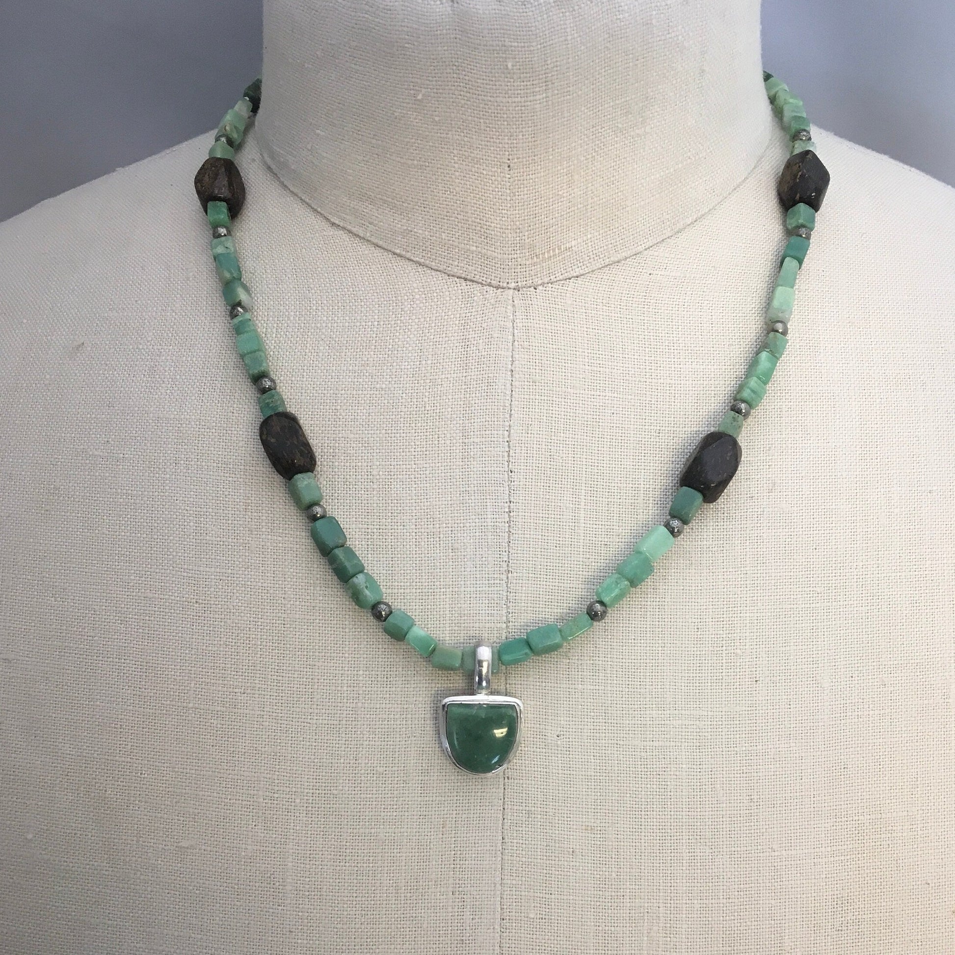 necklace "I Grow" Chrysoprase pendant and beads, Pyrite, Bronzite, Reiki charged, Gender Neutral jewelry, Spring jewelry, heart chakra piece