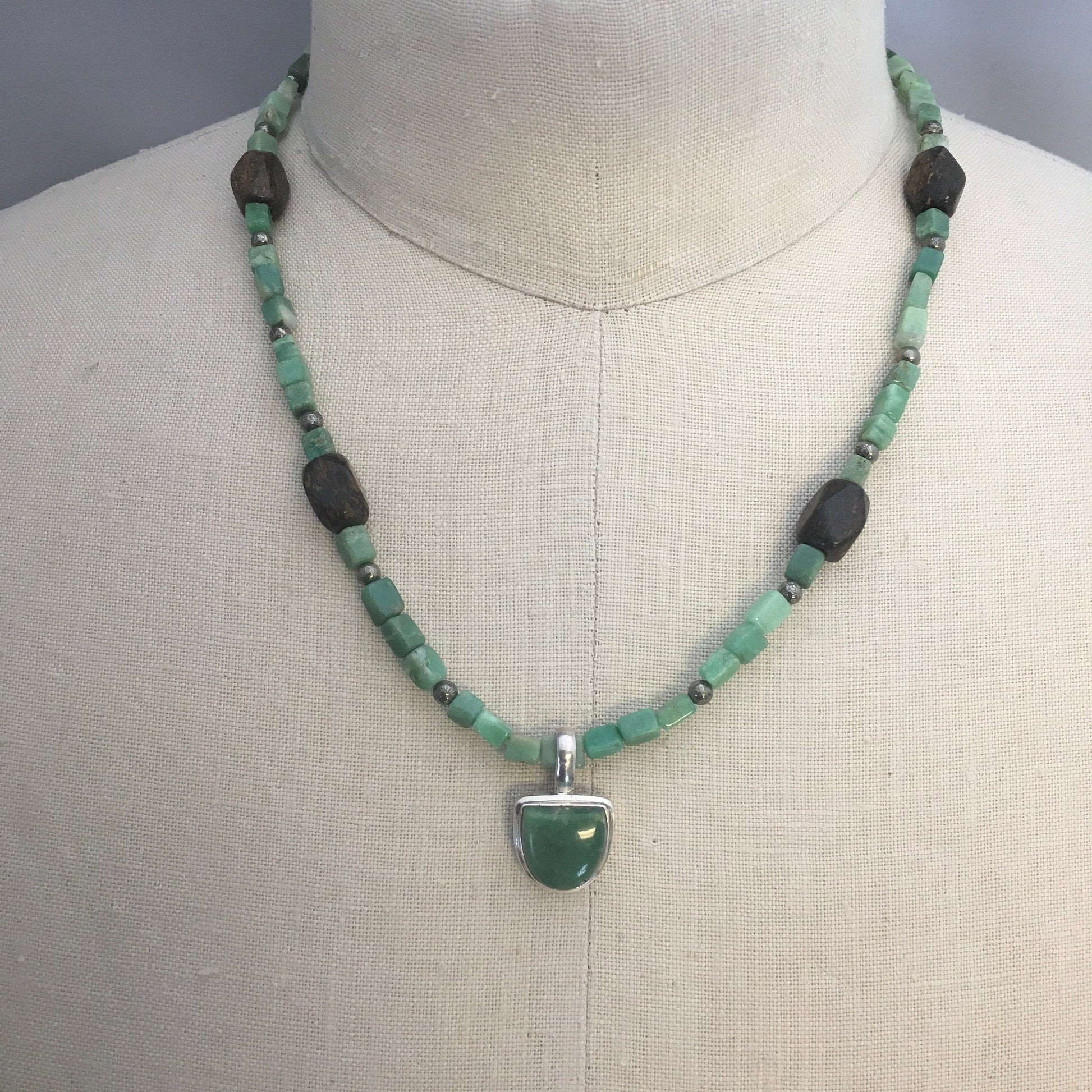 necklace "I Grow" Chrysoprase pendant and beads, Pyrite, Bronzite, Reiki charged, Gender Neutral jewelry, Spring jewelry, heart chakra piece